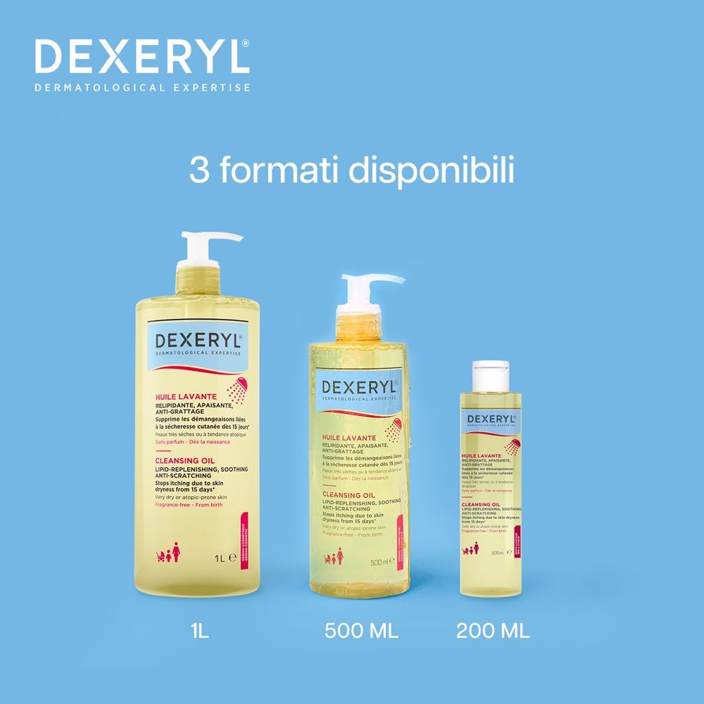 Tre flaconi di olio Dexeryl: 1L, 500ml, 200ml. Tappi a pompa e a scatto.