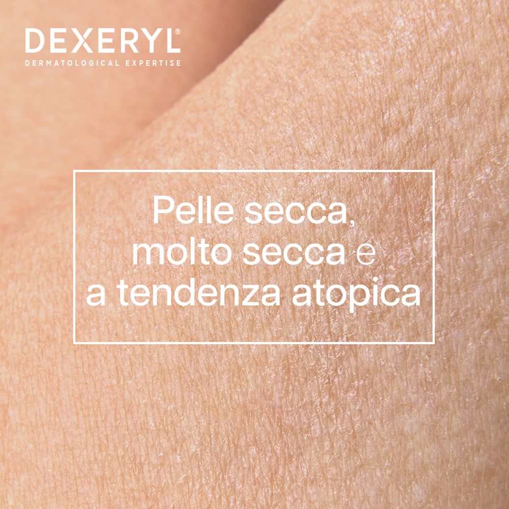 Primo piano della pelle. Testo: Pelle secca, molto secca e a tendenza atopica. Trockene, sehr trockene und zu Atopie neigende Haut.