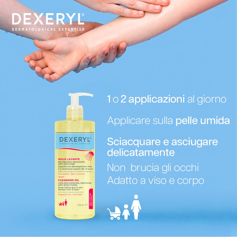 Flacone Dexeryl Olio Lavante. Istruzioni per l'uso: 1-2 applicazioni al giorno, applicare sulla pelle umida, risciacquare e asciugare delicatamente.