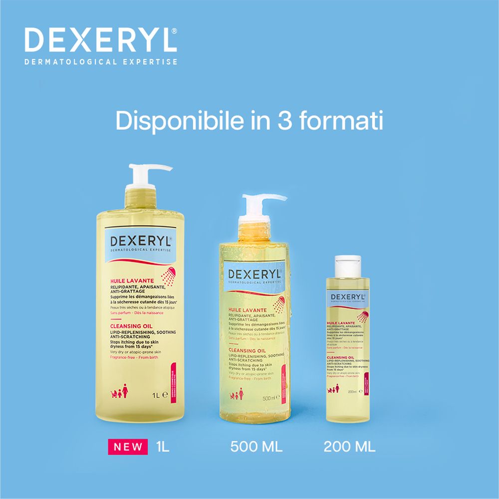 Tre flaconi Dexeryl Olio Lavante in diverse dimensioni: 1L, 500ml e 200ml. Scritta: Dexeryl, expertise dermatologique.