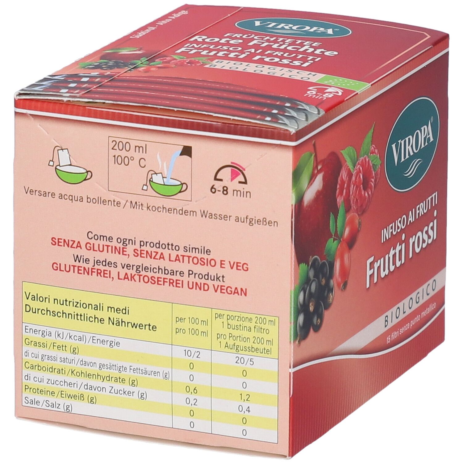 Retro della confezione di Viropa Frutti Rossi Bio Bustine. Tabella nutrizionale, istruzioni per la preparazione e testo: senza glutine, senza lattosio e veg.