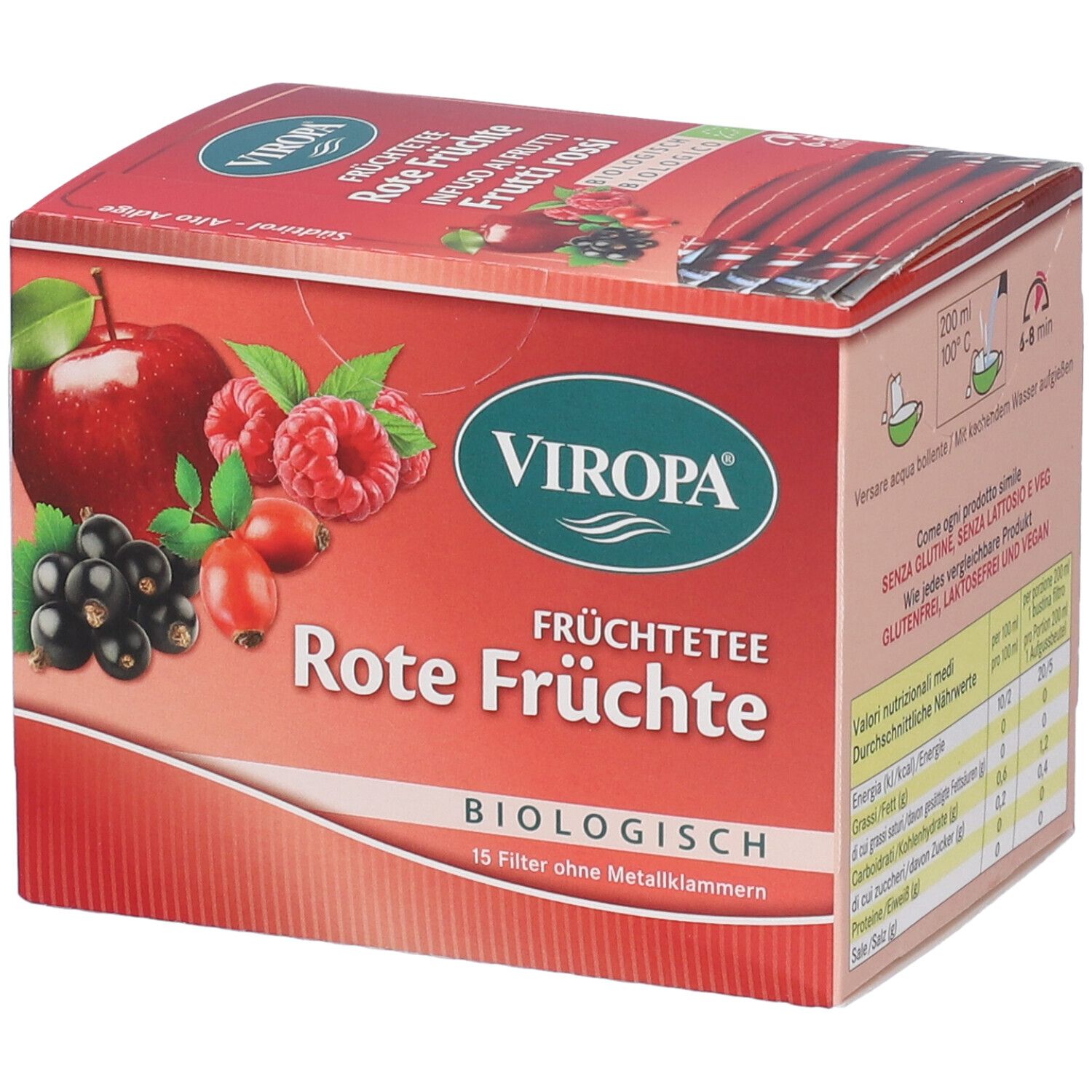 Confezione di tè Viropa Rote Früchte. Illustrazione di frutta: mela, lamponi, ribes nero. Scritta: Rote Früchte, biologico, 15 filtri.
