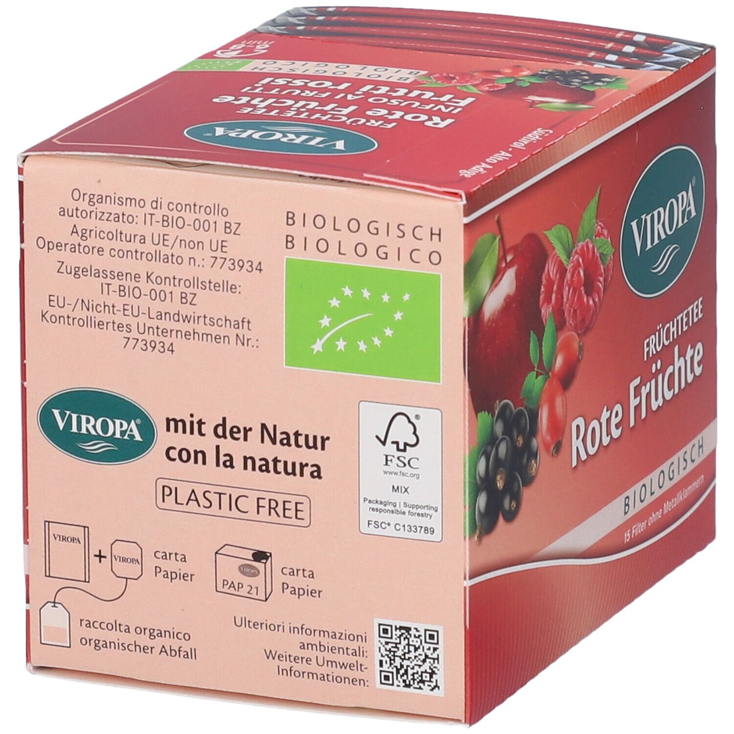 Confezione di tè Viropa Rote Früchte. Retro con marchio bio, logo FSC e testo: mit der Natur, plastic free. 15 filtri senza punti metallici.