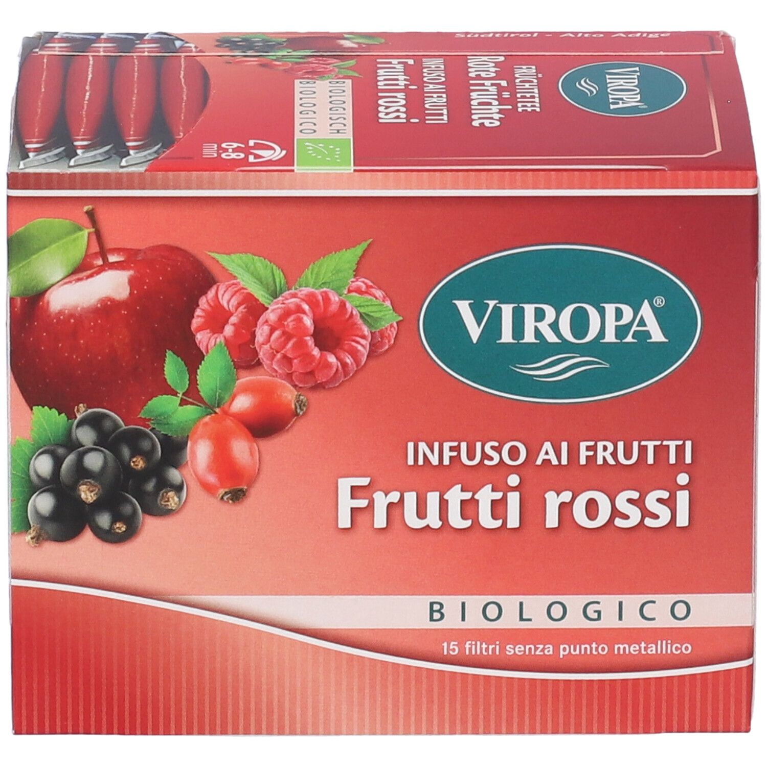 Confezione di Viropa Frutti Rossi Bio Bustine. Illustrazione di frutta: mela, lamponi, ribes nero. Scritta: Infuso ai Frutti Rossi, biologico.