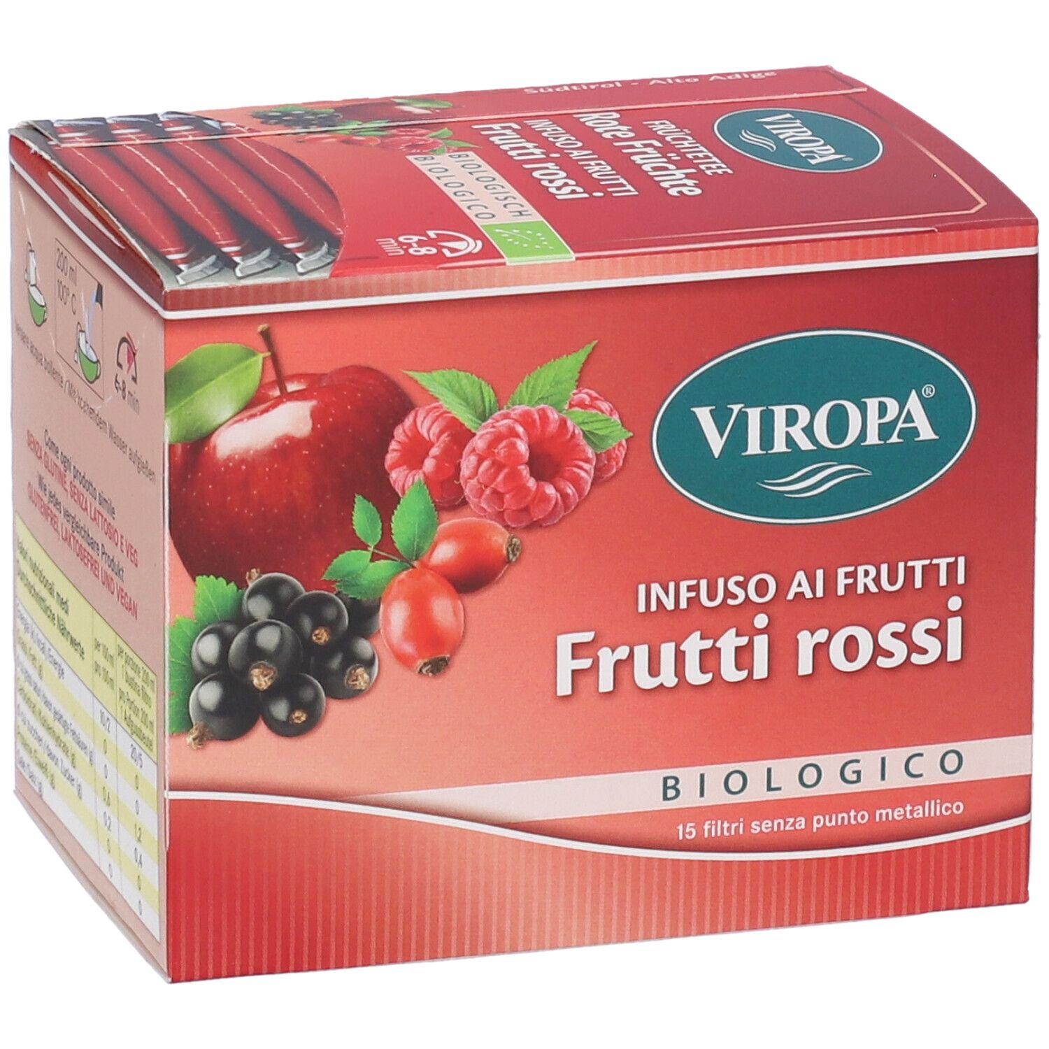 Confezione di Viropa Frutti Rossi Bio Bustine. Illustrazione di frutta: mela, lamponi, ribes nero. Scritta: Infuso ai Frutti Rossi, biologico.