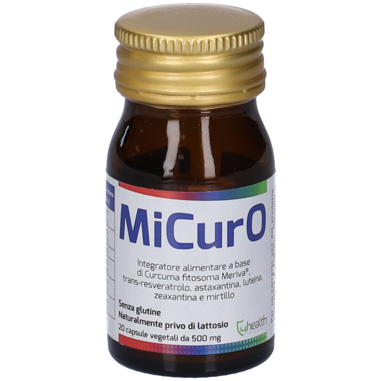 Flacone di vetro marrone, tappo dorato. Etichetta: nome prodotto MiCurO e ingredienti.