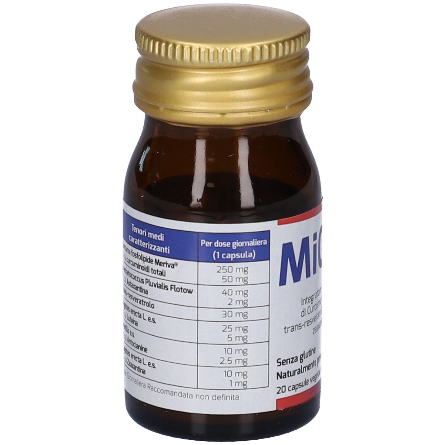 Flacone di vetro marrone, tappo dorato. Etichetta con ingredienti e nome prodotto MiCurO.