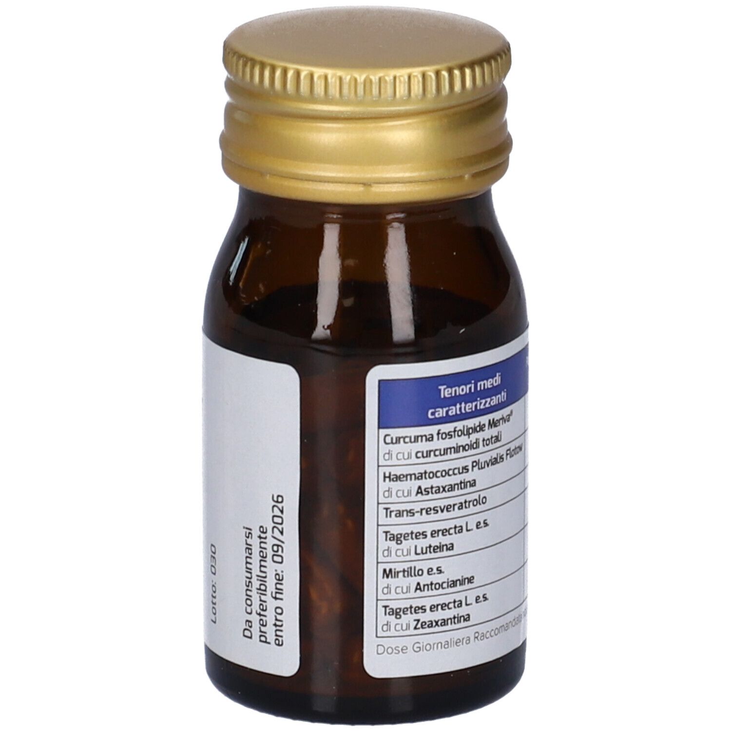 Flacone marrone, tappo dorato. Etichetta con ingredienti e nome prodotto MiCurO.