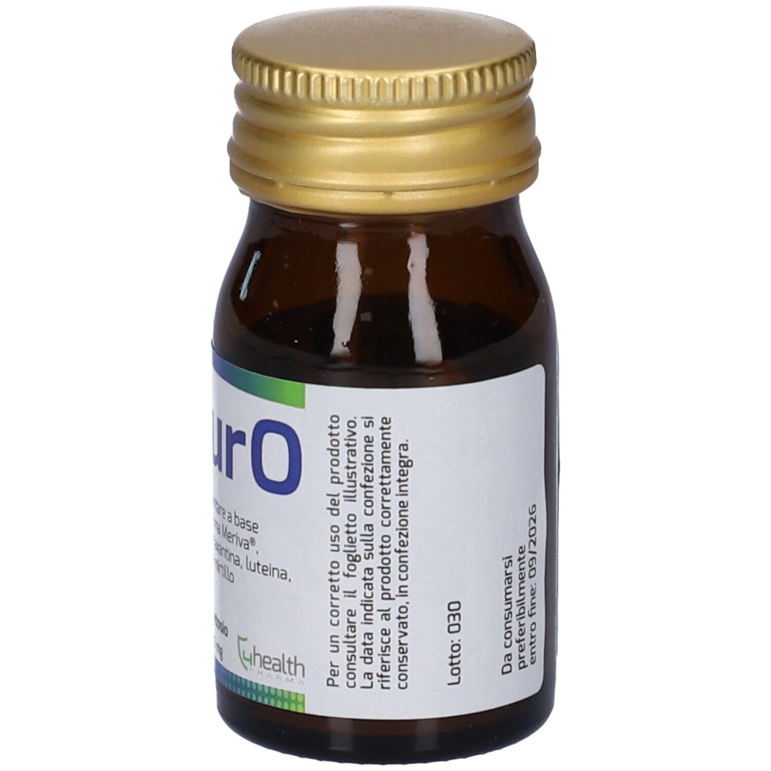Flacone di vetro marrone, tappo dorato. Etichetta: nome prodotto MiCurO e ingredienti.