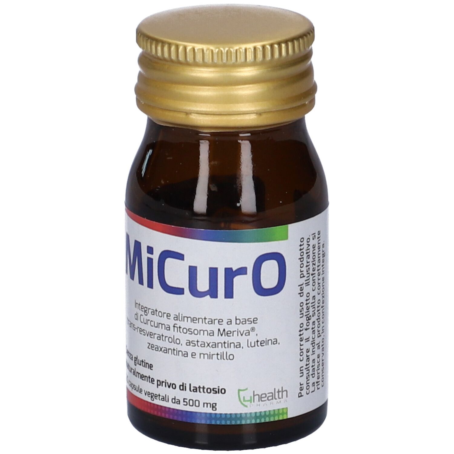 Flacone di vetro marrone, tappo dorato. Etichetta: nome prodotto MiCurO e ingredienti.