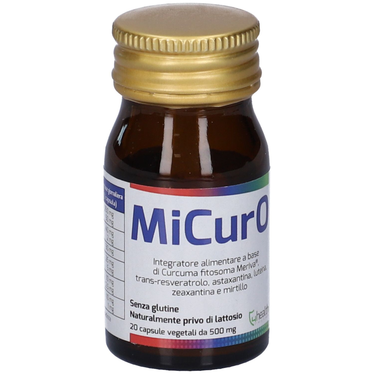 Flacone di vetro marrone, tappo dorato. Etichetta: nome prodotto MiCurO e ingredienti.