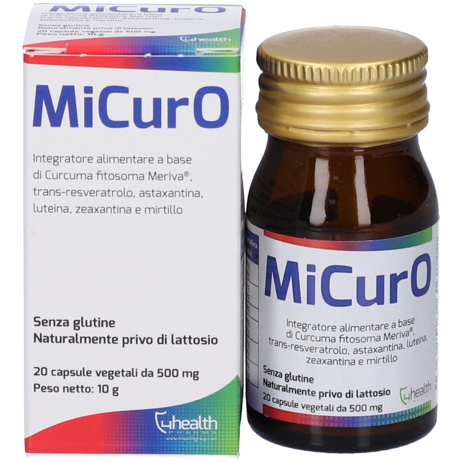 Prodotto MiCurO: flacone e scatola. Flacone marrone, tappo dorato. Scatola bianca, blu, rossa.