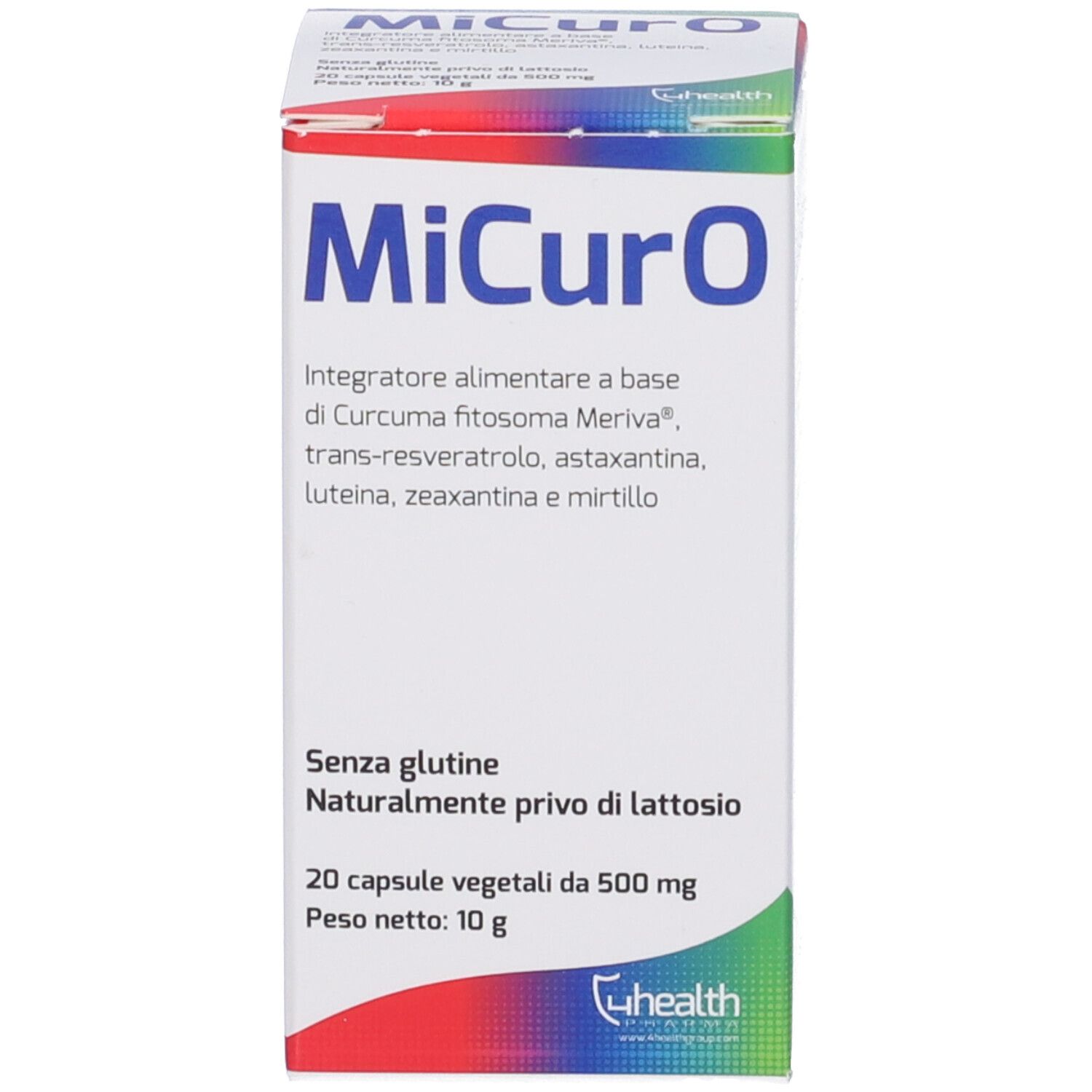 Confezione del prodotto MiCurO. Scatola bianca con nome del prodotto, ingredienti e logo.