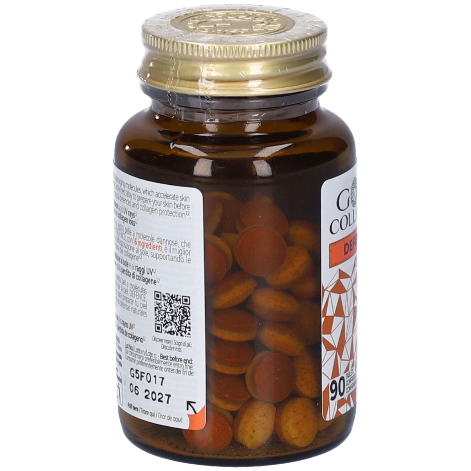 Flacone di vetro marrone con compresse. Retro con testo e codice QR. Scadenza 06 2027.