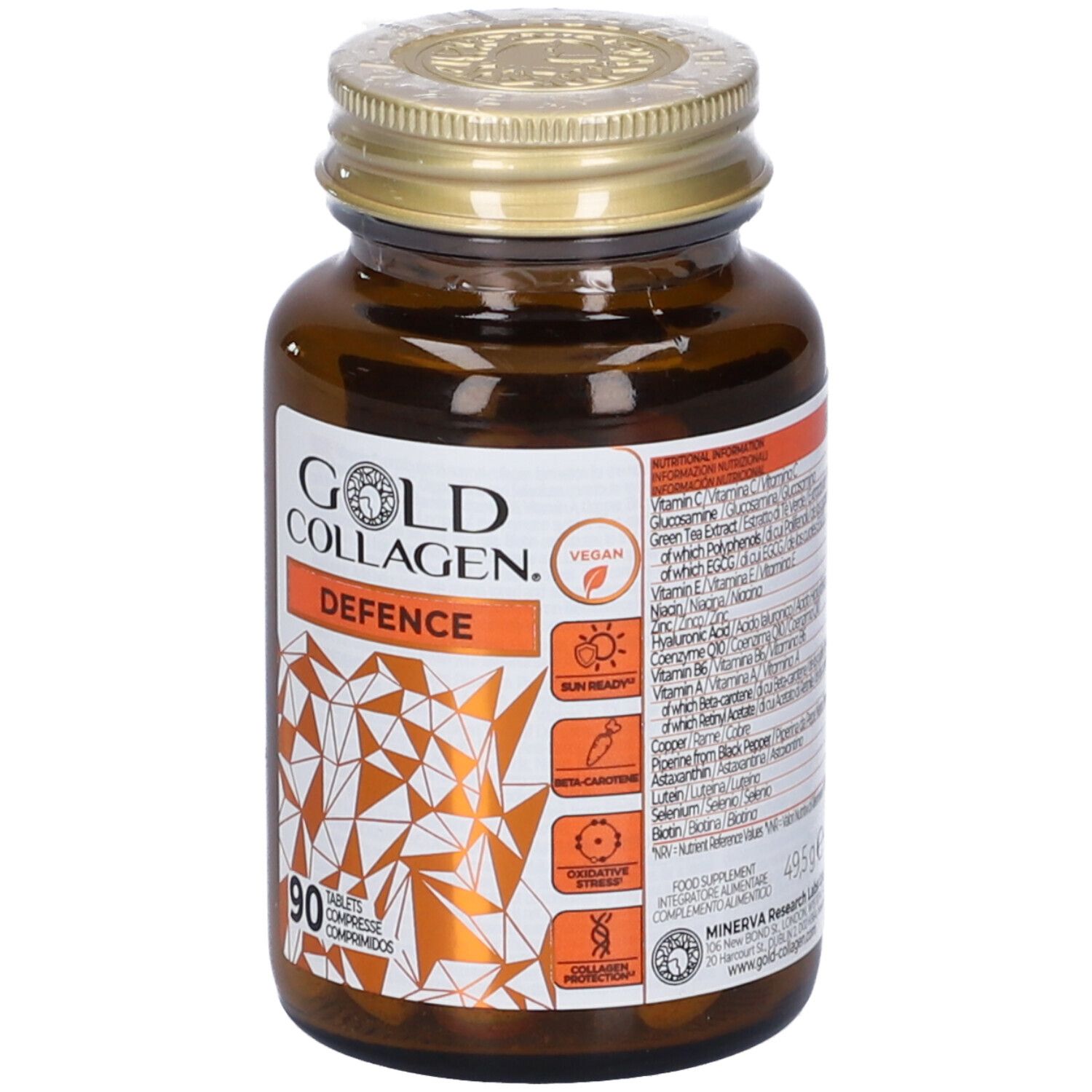 Flacone di vetro marrone con etichetta. Nome prodotto, 90 compresse e sigillo vegano. Ingredienti.