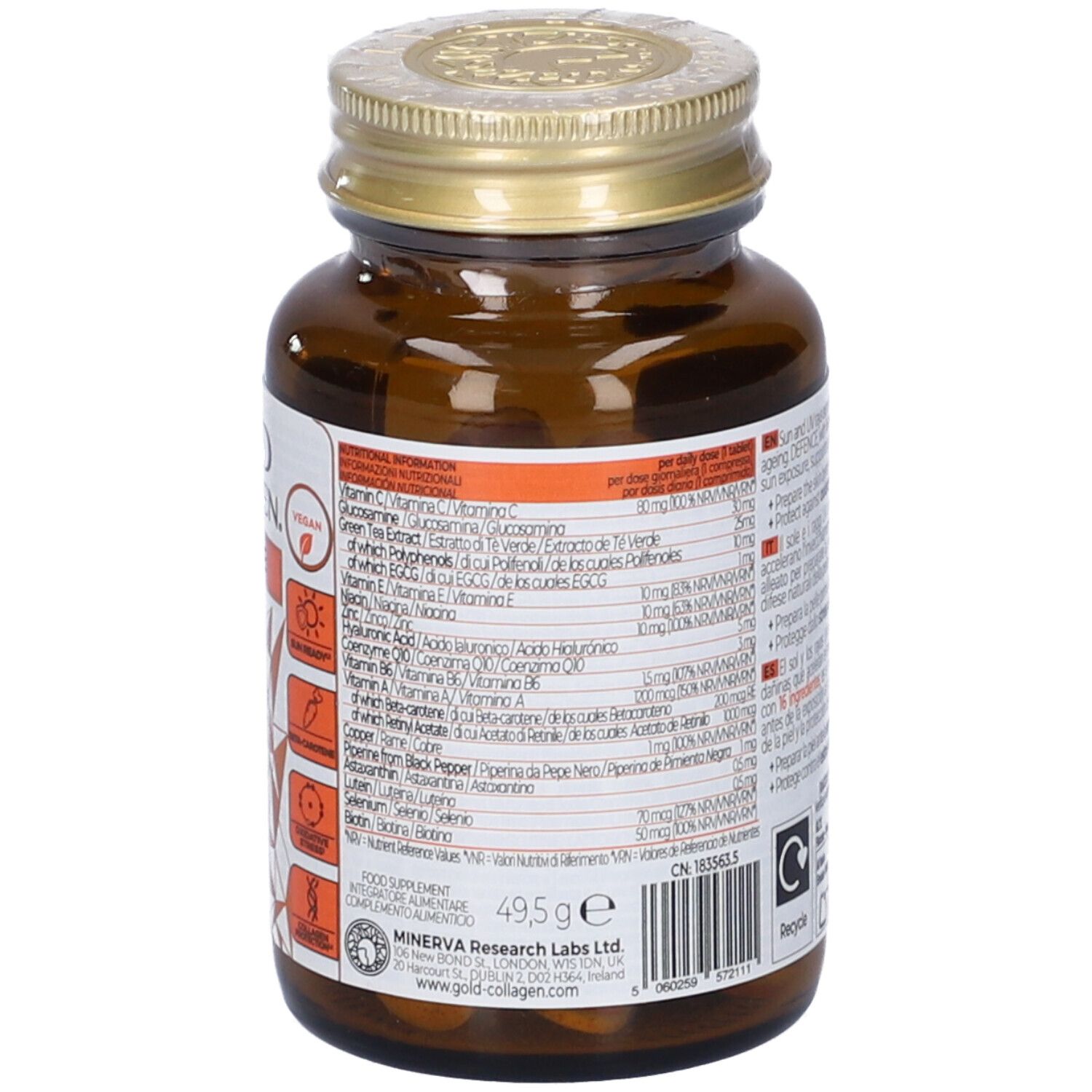 Retro del flacone con informazioni sugli ingredienti. Peso 49,5g. Informazioni produttore.