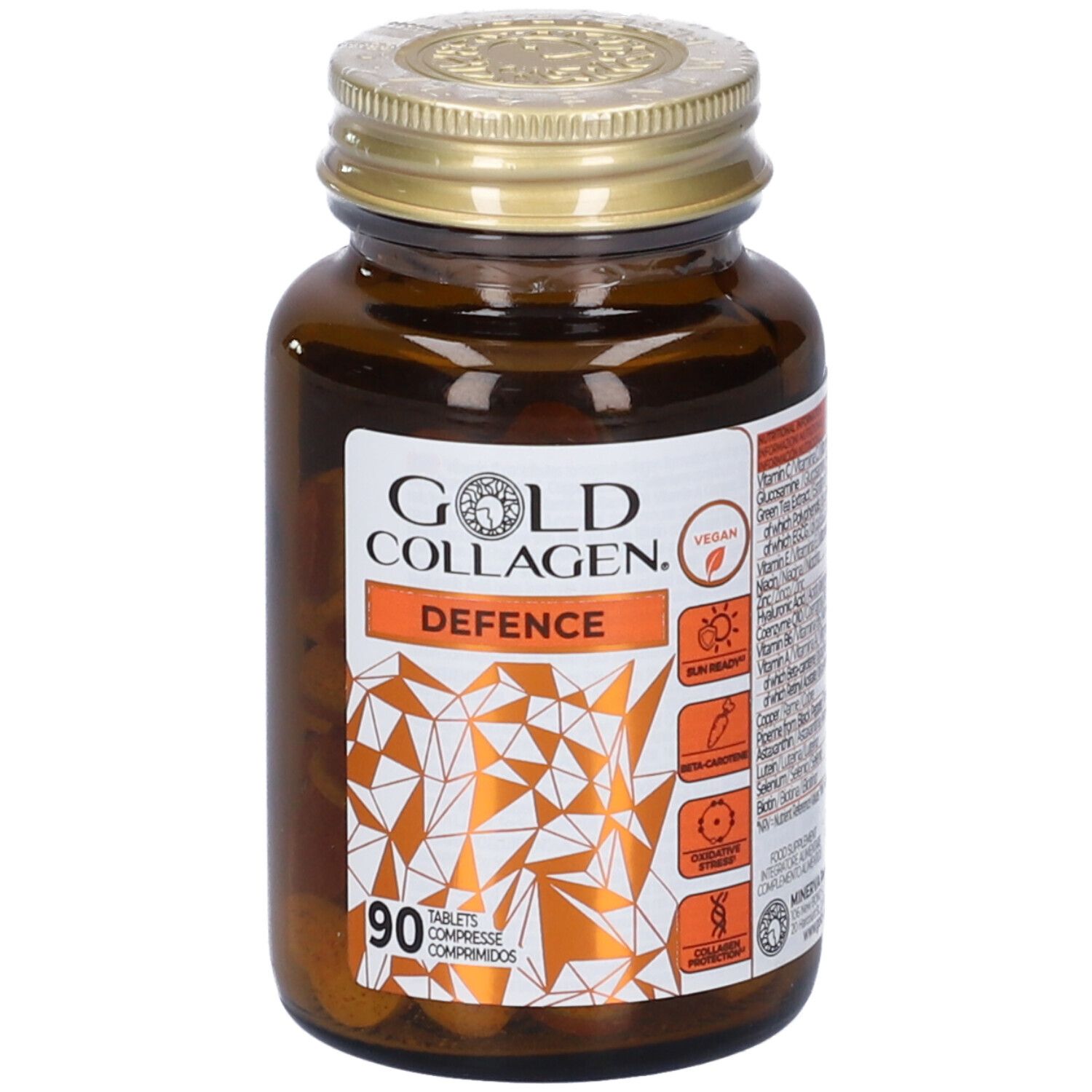 Flacone di vetro marrone con etichetta. Nome prodotto, 90 compresse e sigillo vegano. Simbolo protezione solare.