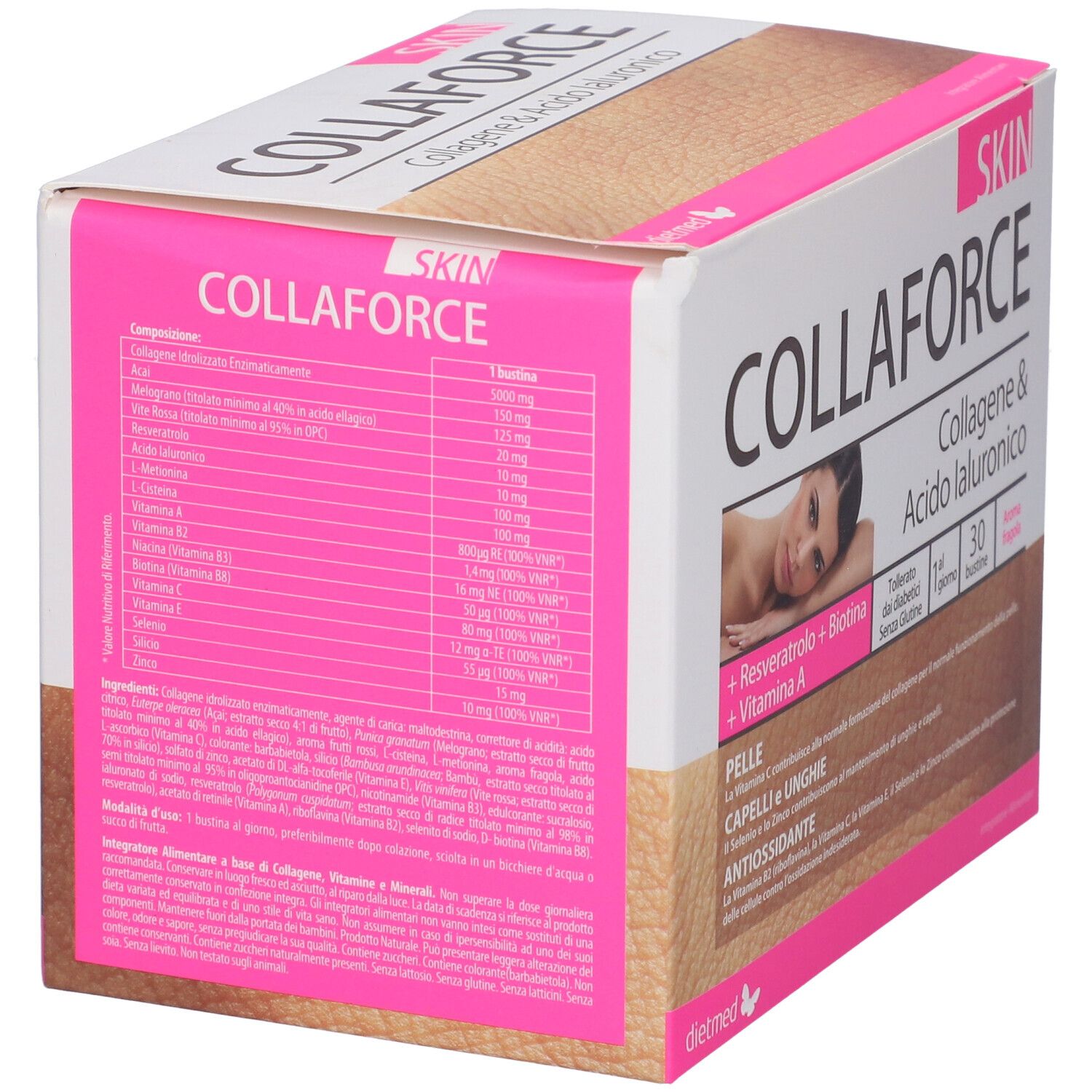 Confezione Collaforce Skin 30 Bustine. Contiene elenco ingredienti con collagene, vitamine e minerali. Schema colori rosa e beige.