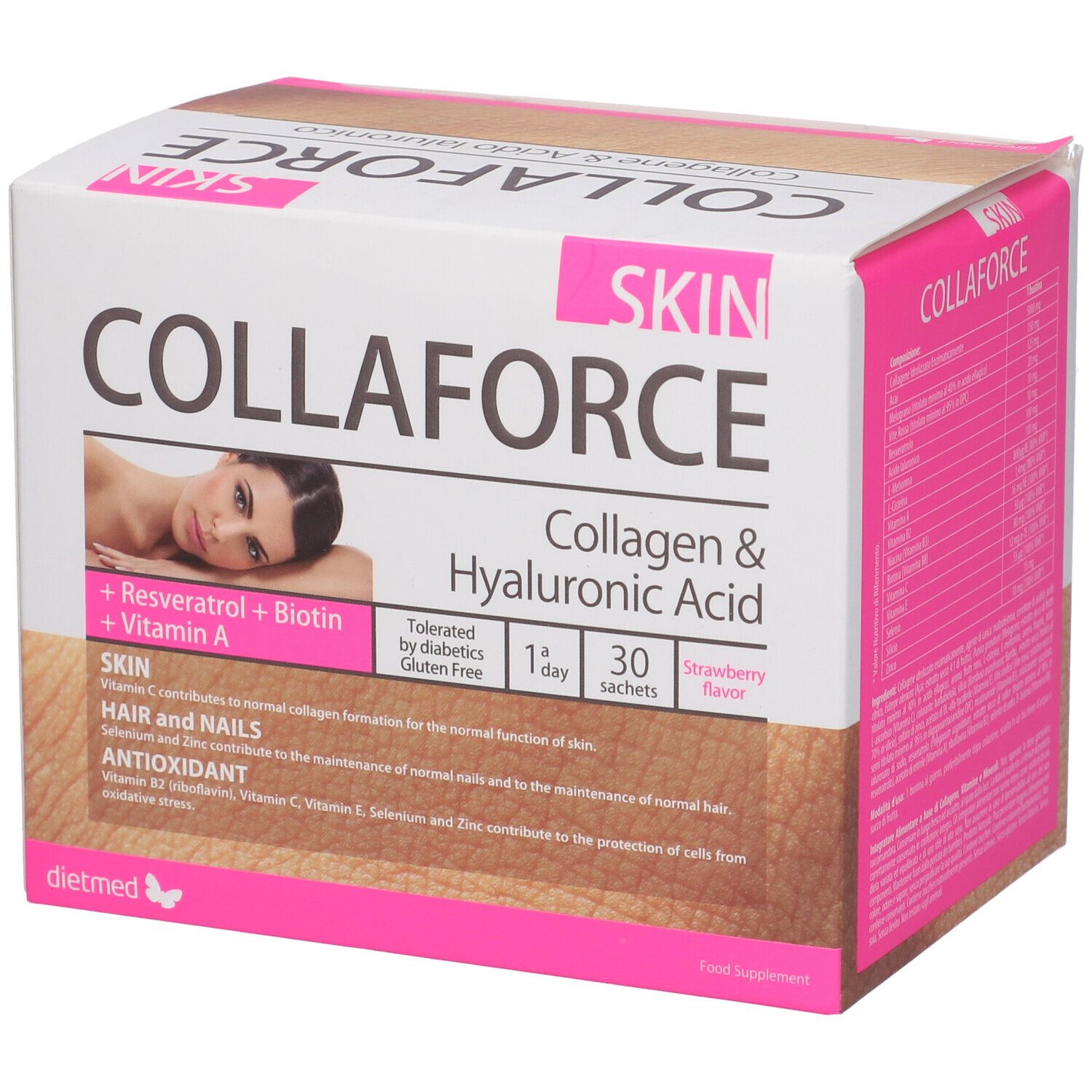 Confezione Collaforce Skin 30 Sachets. Contiene collagene, acido ialuronico, resveratrolo, biotina e vitamina A. 30 bustine, gusto fragola.