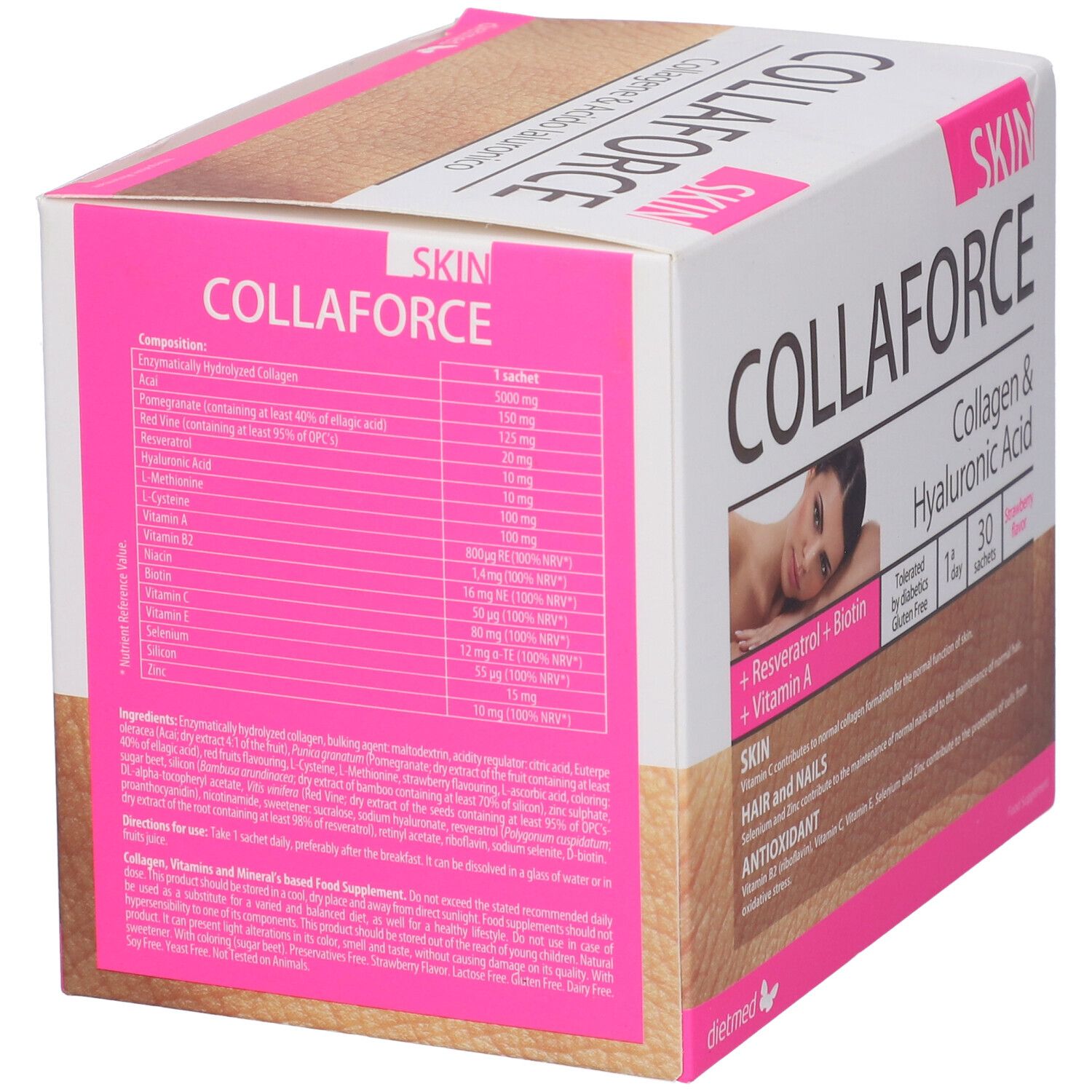 Confezione Collaforce Skin 30 Sachets. Contiene elenco ingredienti con collagene, vitamine e minerali. Schema colori rosa e beige.