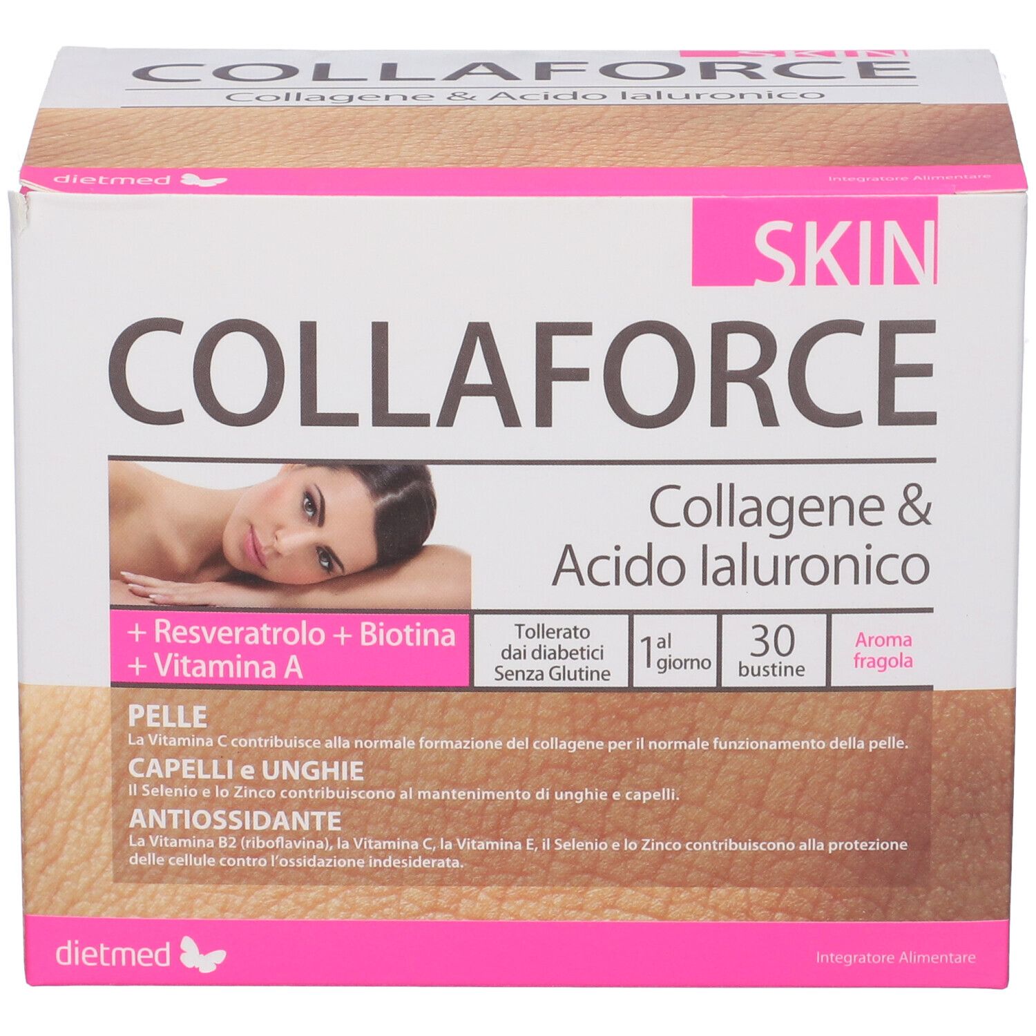 Confezione di Collaforce Skin 30 Bustine. Contiene collagene, acido ialuronico, resveratrolo, biotina e vitamina A. 30 bustine, gusto fragola.