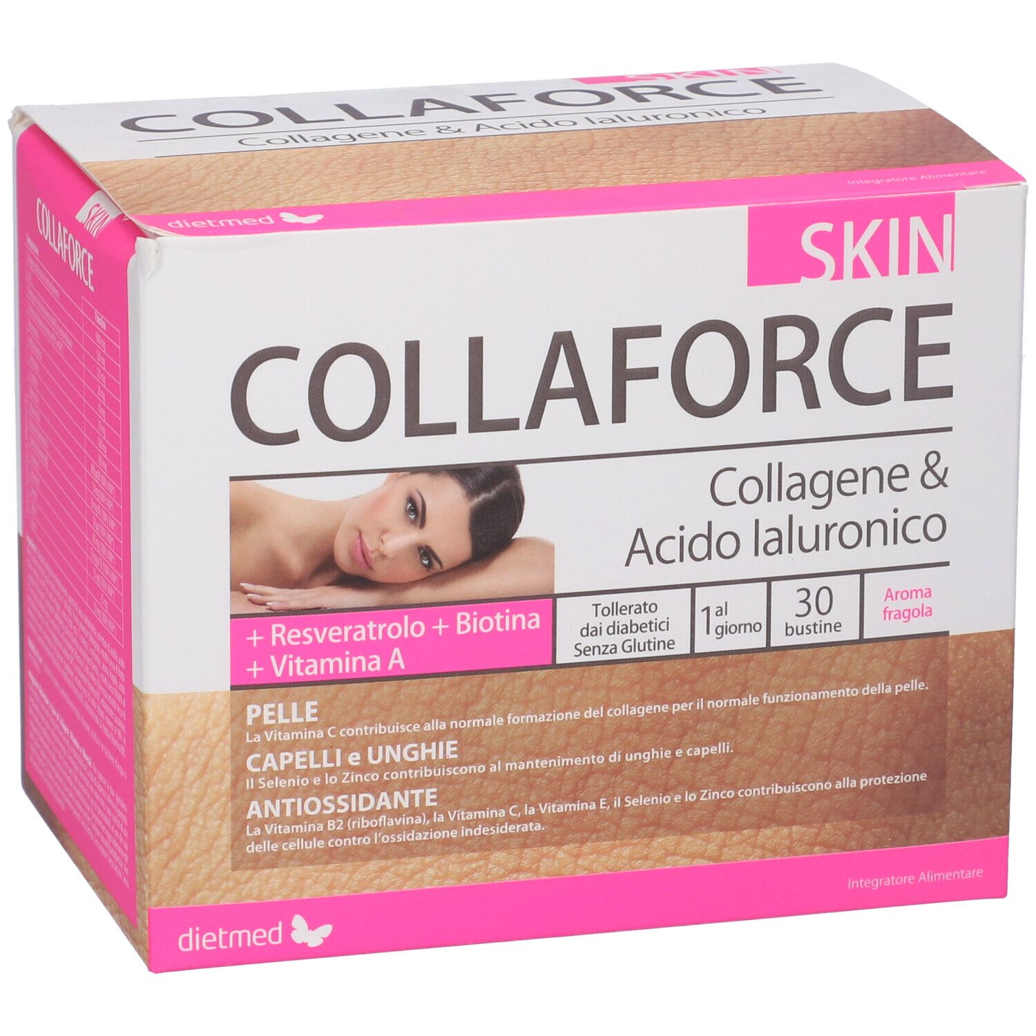 Confezione di Collaforce Skin 30 Bustine. Contiene collagene, acido ialuronico, resveratrolo, biotina e vitamina A. 30 bustine, gusto fragola.