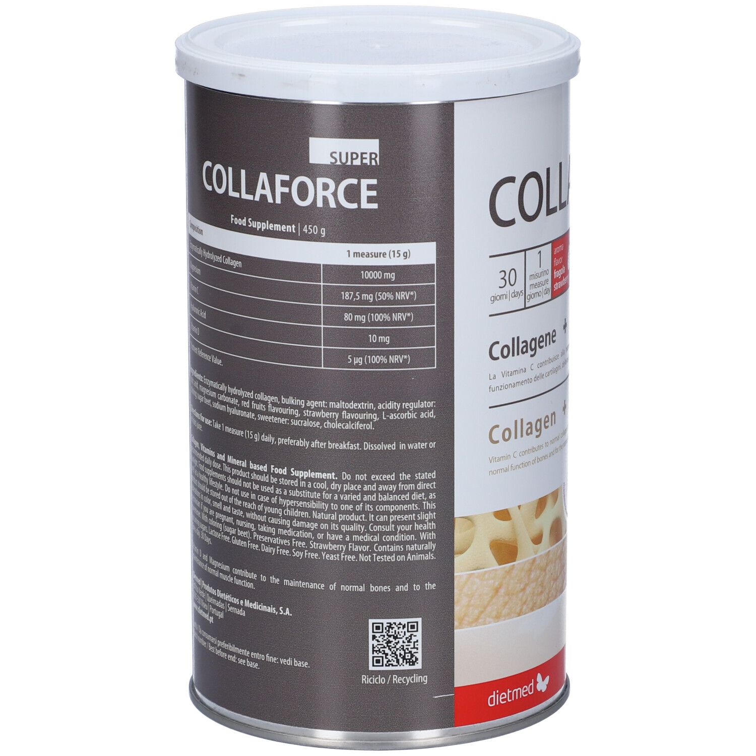Barattolo Collaforce Super 10000. Contiene 450 g. Informazioni nutrizionali e ingredienti. 1 misurino (15 g). Dietmed.