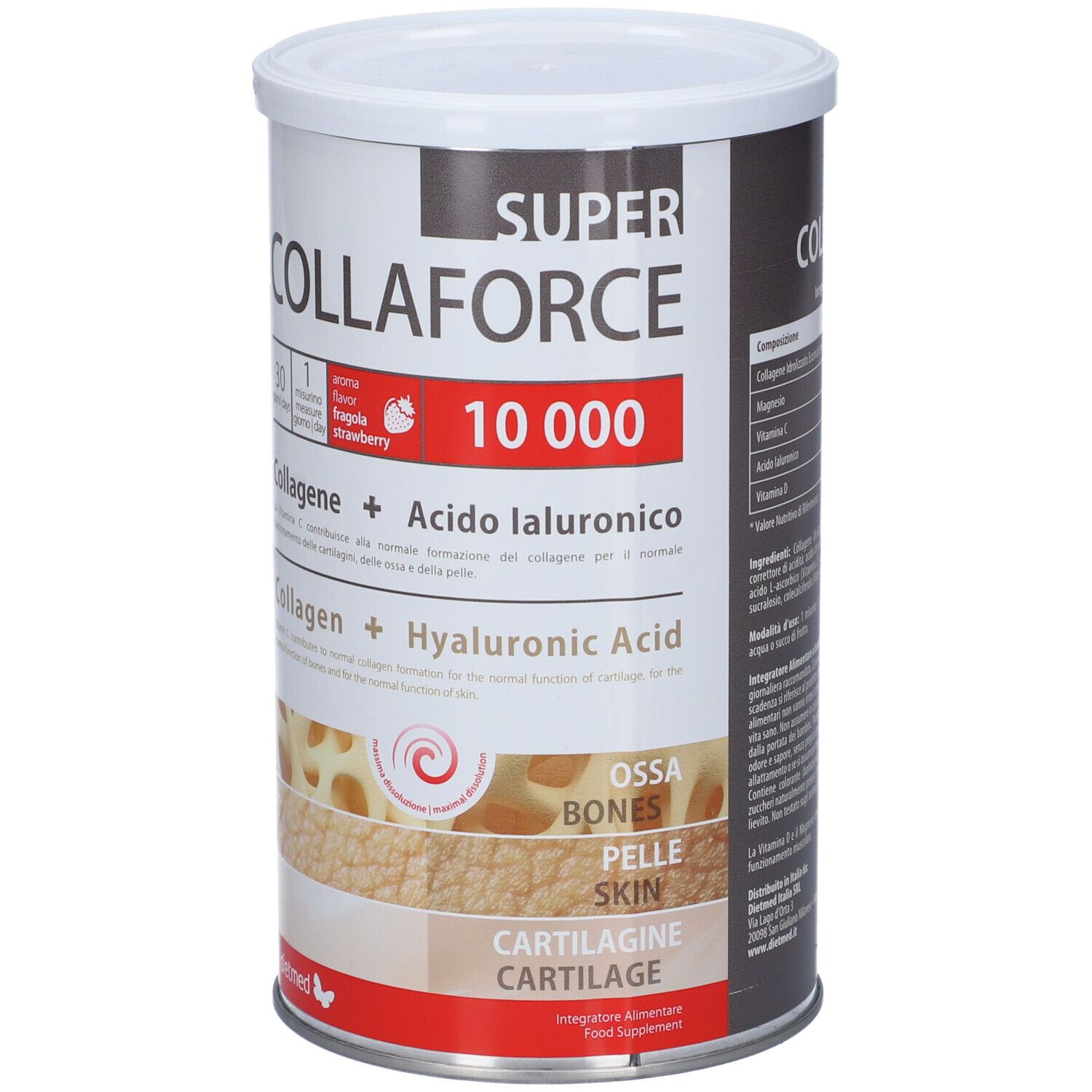 Barattolo cilindrico Collaforce Super 10000. Testo principale: Collagene + Acido Ialuronico. Gusto fragola. 30 porzioni. Dietmed.