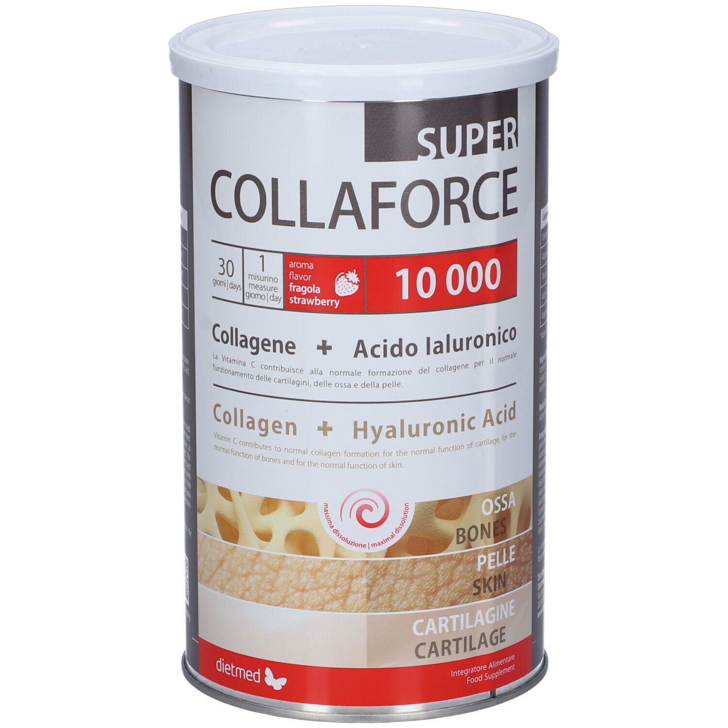 Barattolo cilindrico Collaforce Super 10000. Testo principale: Collagene + Acido Ialuronico. Gusto fragola. 30 porzioni. Dietmed.