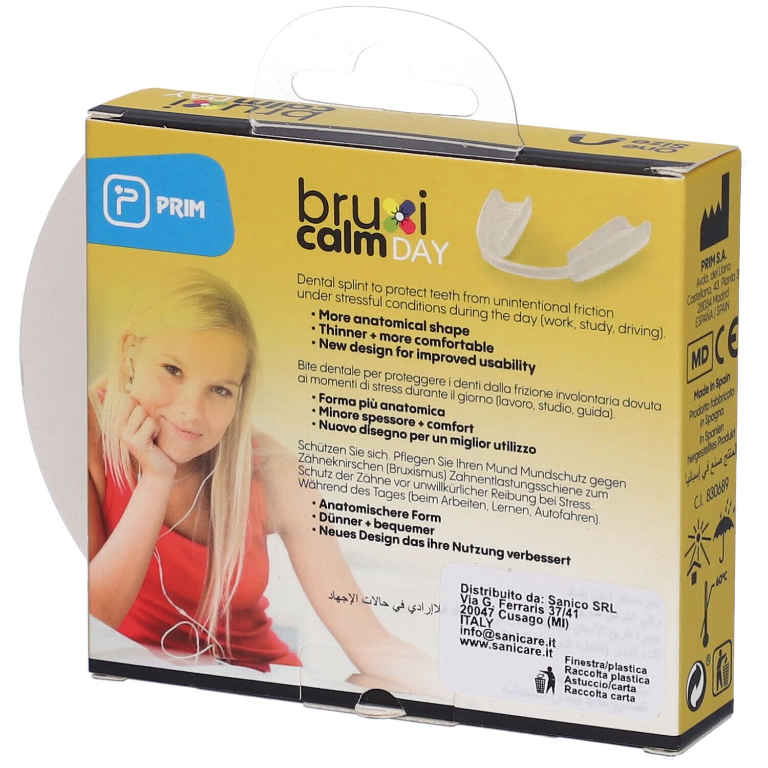 Retro della confezione. Testo: bruxi calm DAY, PRIM, Dental splint to protect teeth, More anatomical shape, Made in Spain.