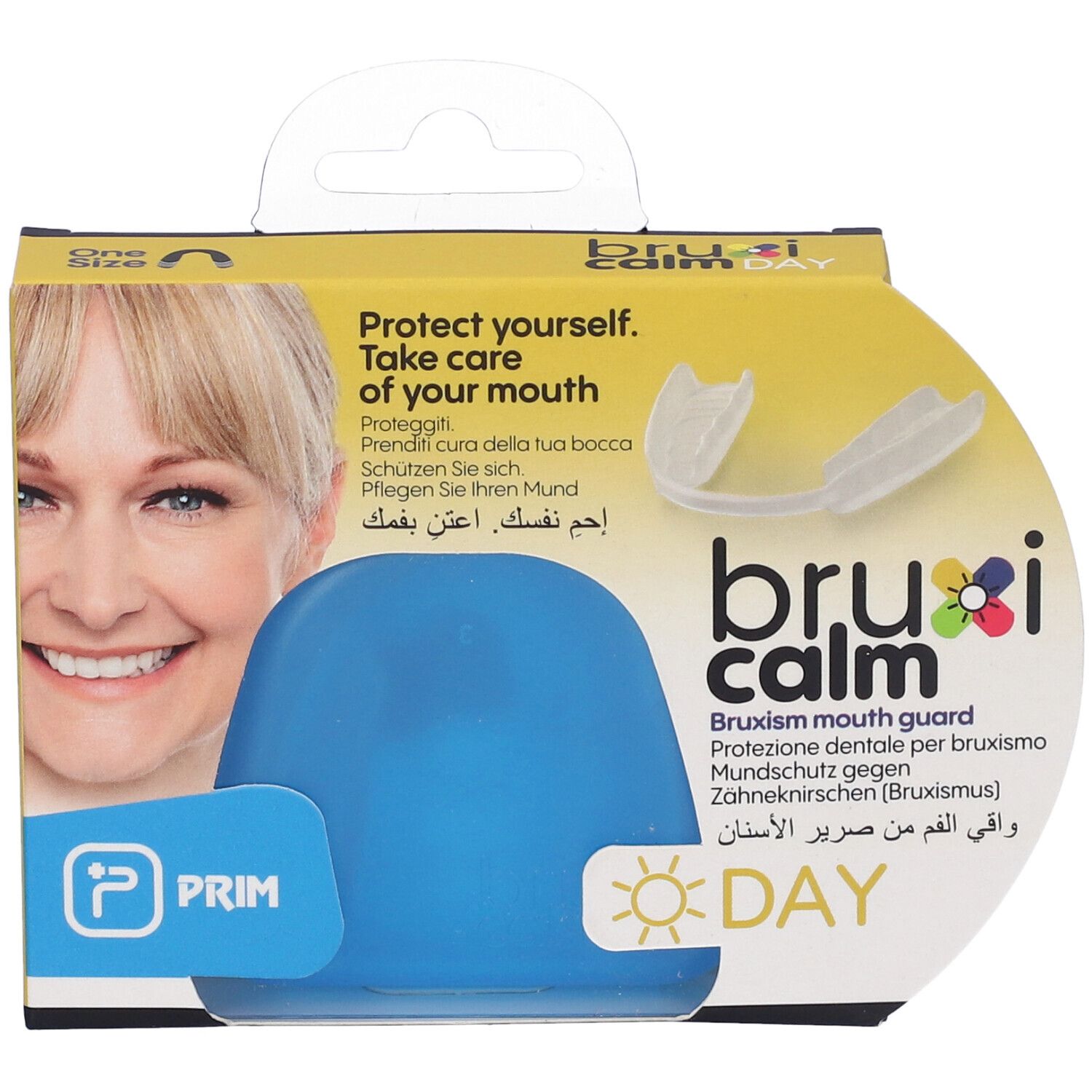 Confezione con protezione dentale blu. Testo: bruxi calm DAY, PRIM, Protect yourself. Take care of your mouth, One Size.