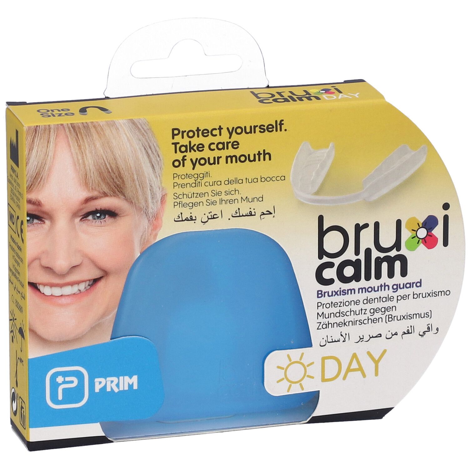 Confezione con protezione dentale blu. Testo: bruxi calm DAY, PRIM, Protect yourself. Take care of your mouth, One Size.