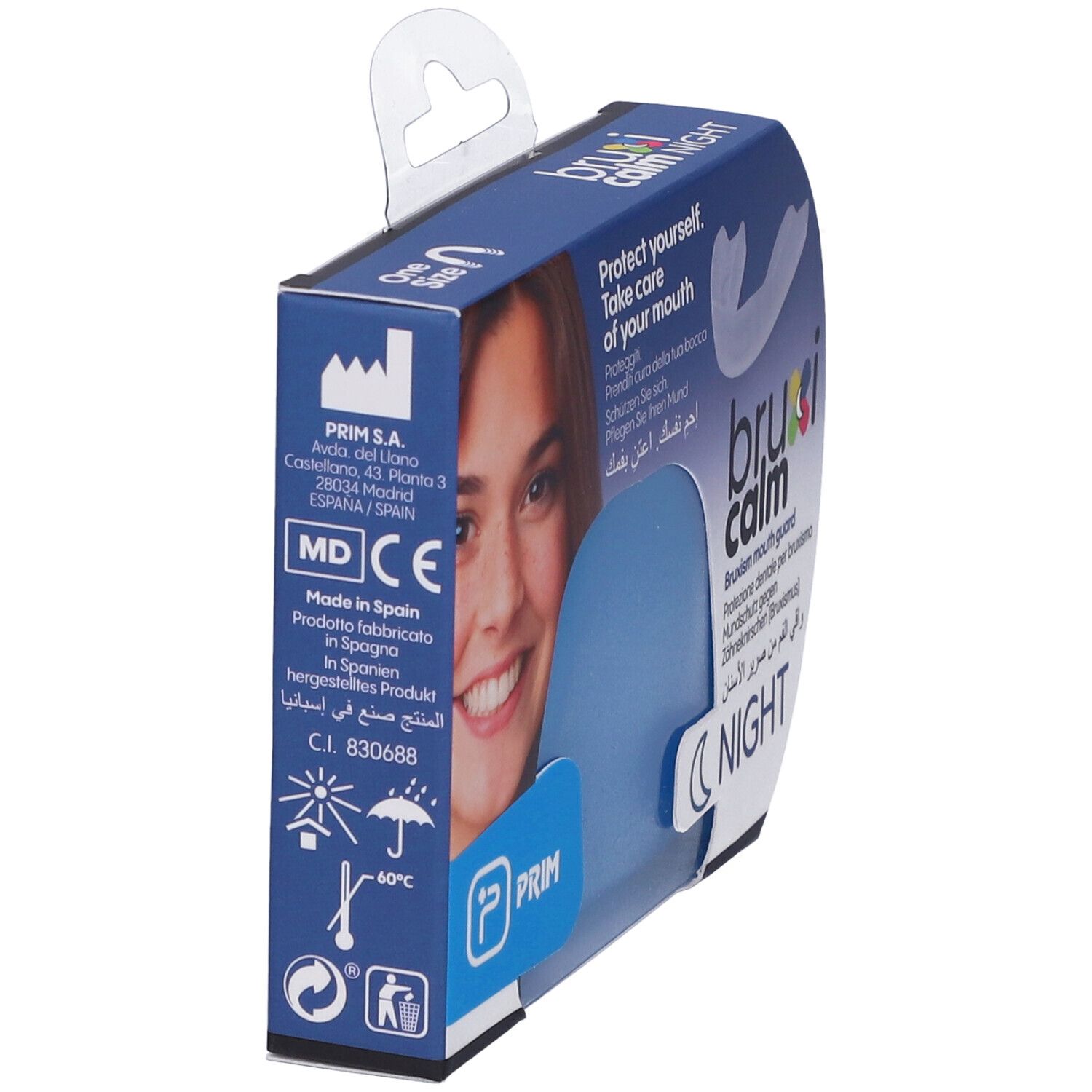 Confezione blu con paradenti. Nome del prodotto e marchio CE. Immagine di donna.