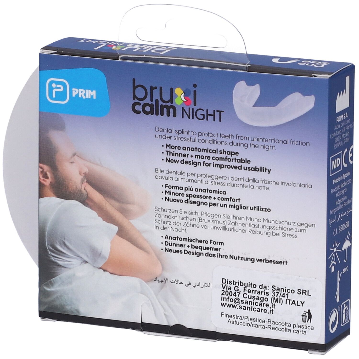 Retro della confezione con paradenti. Nome del prodotto, descrizione e informazioni del produttore.