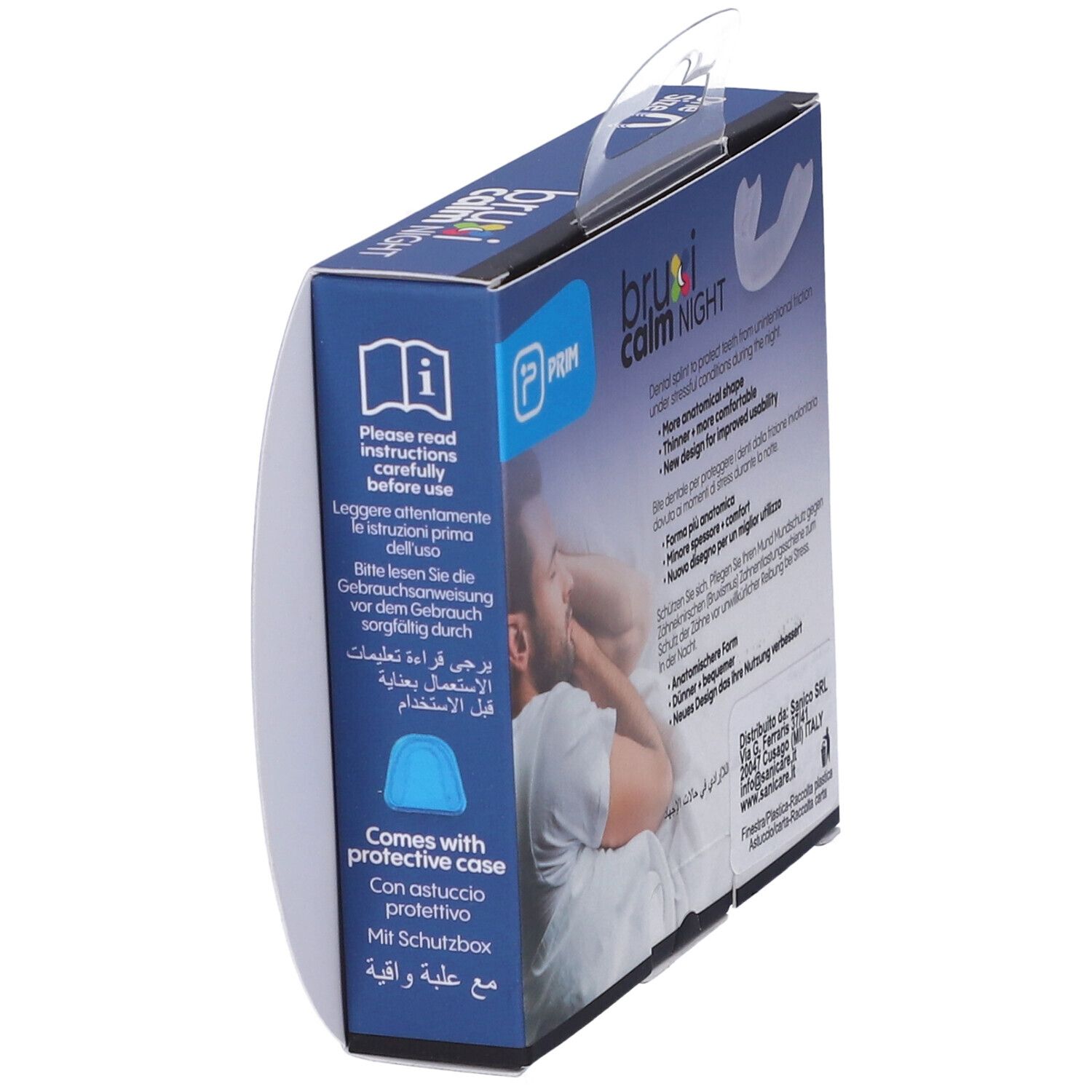Confezione con paradenti. Nome del prodotto e istruzioni. Contiene un astuccio protettivo.