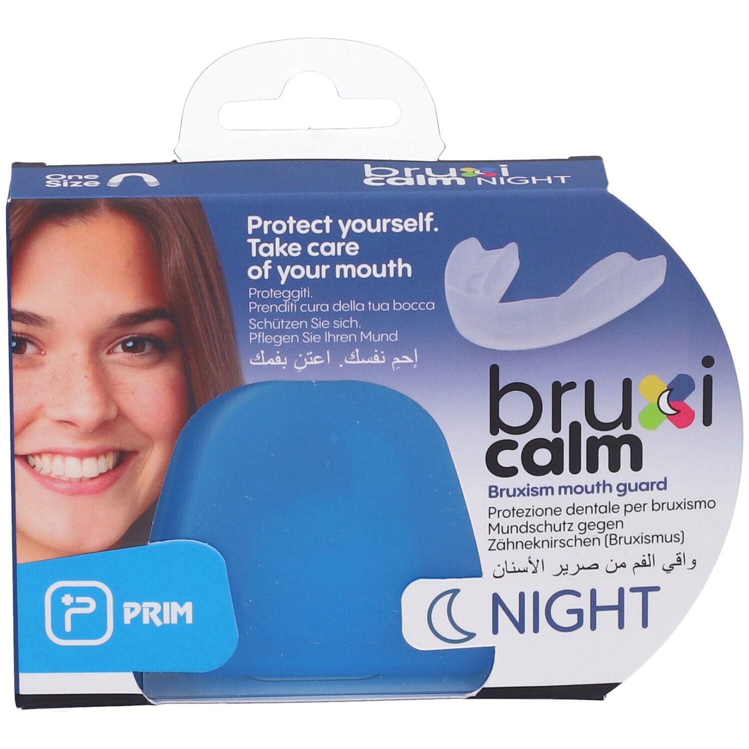 Confezione con paradenti. Scatola blu con nome prodotto e simbolo luna. Immagine di donna.