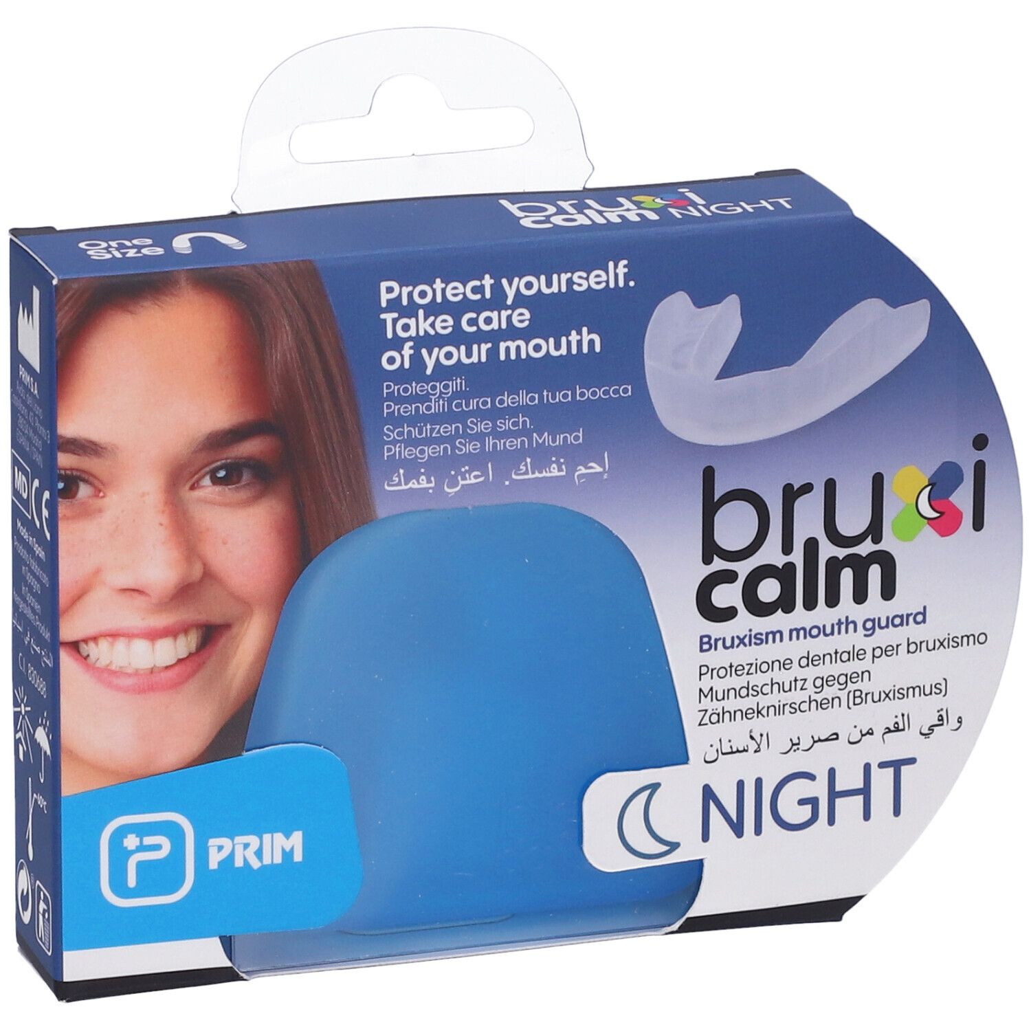 Confezione con paradenti. Scatola blu con nome prodotto e simbolo luna. Immagine di donna.