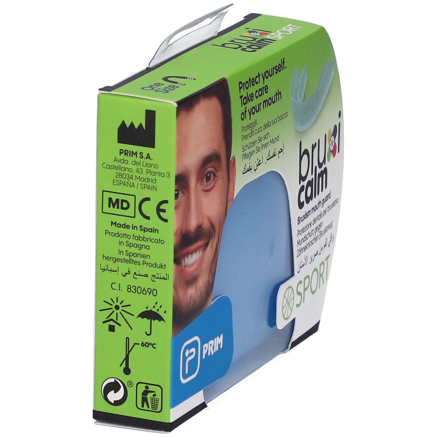 Confezione con paradenti blu. Testo: bruxi calm SPORT, PRIM, MD CE, Made in Spain, PRIM S.A.