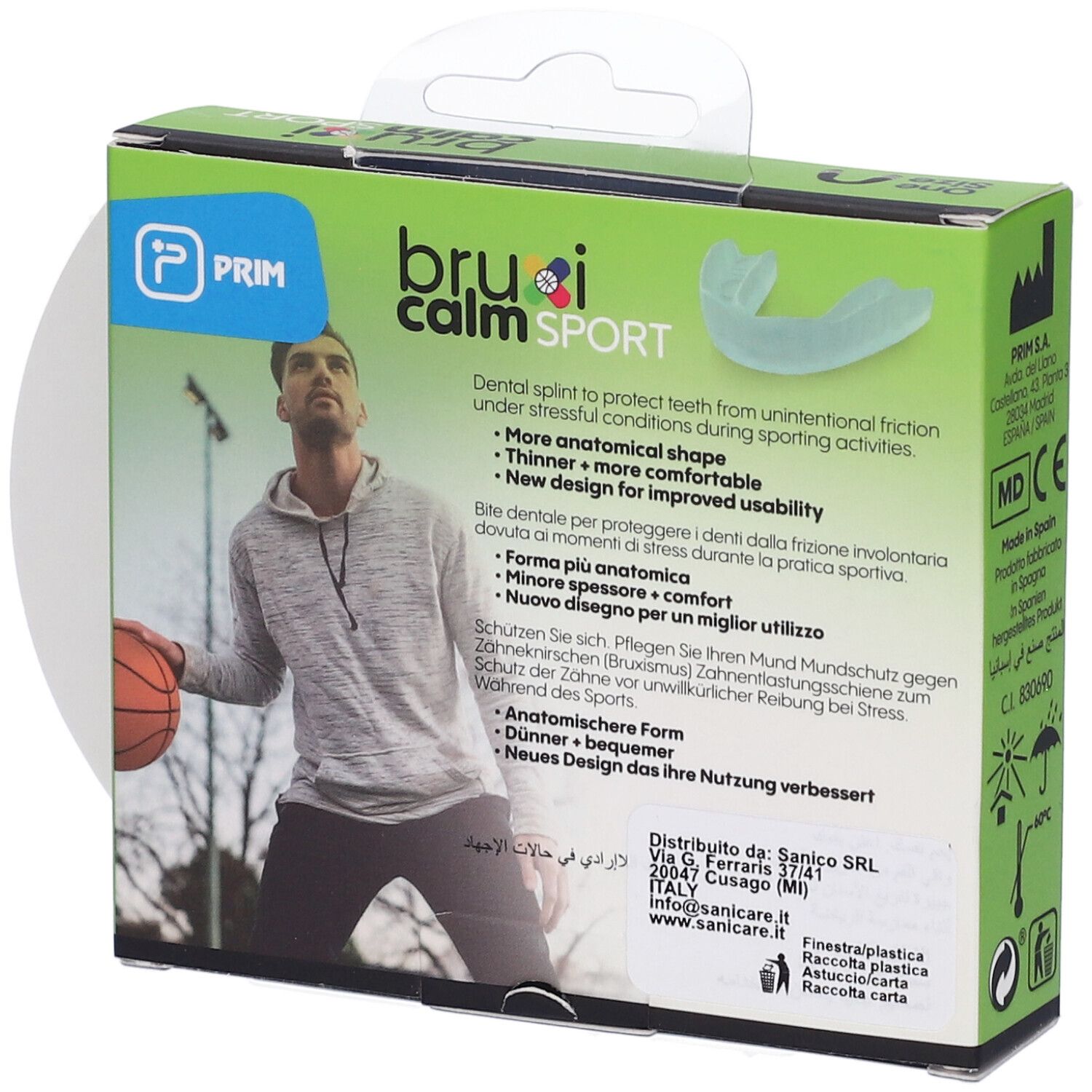 Confezione con paradenti blu. Testo: bruxi calm SPORT, PRIM, Dental splint to protect teeth from unintentional friction.