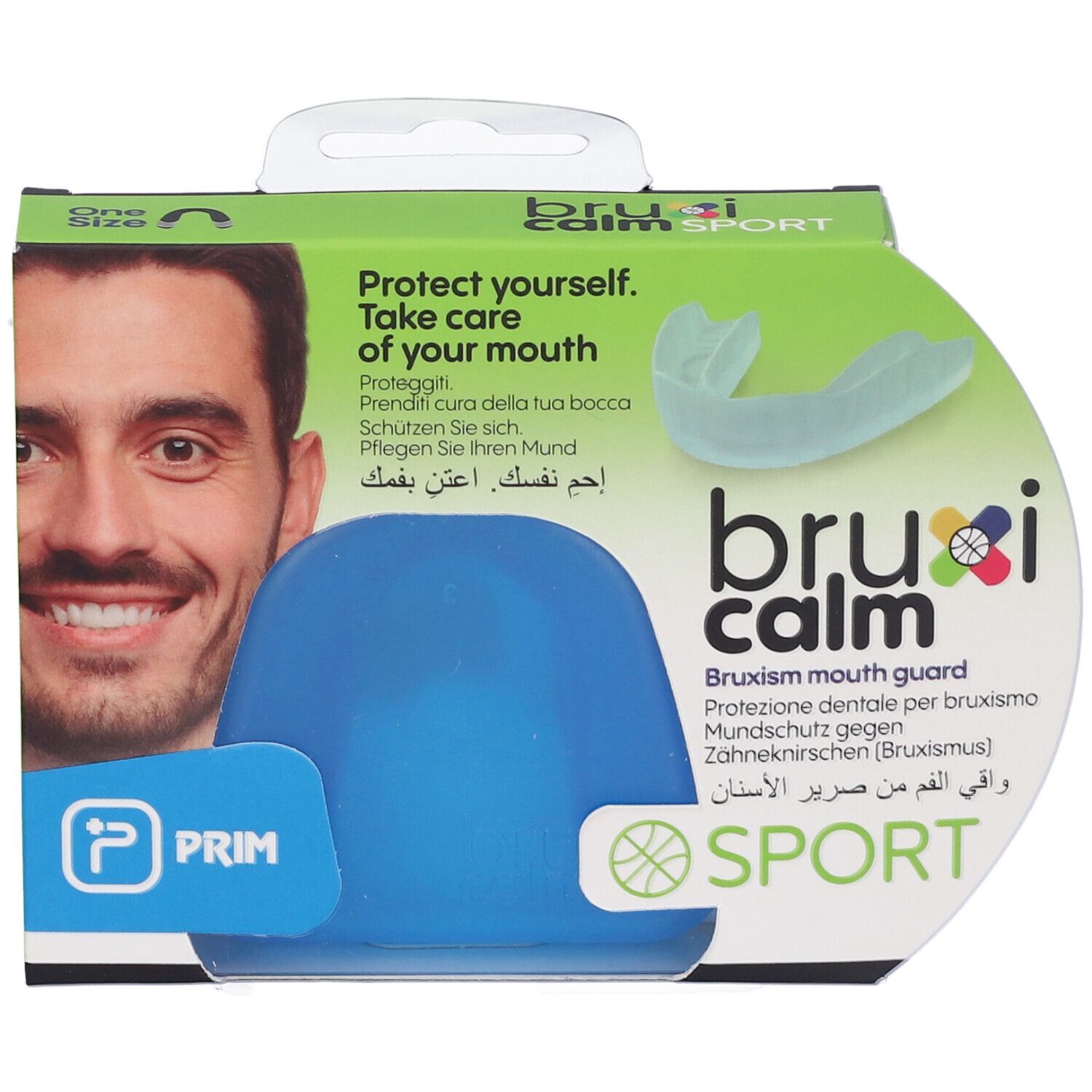 Confezione con paradenti blu e paradenti trasparente. Testo: bruxi calm SPORT, PRIM, Protect yourself. Take care of your mouth.