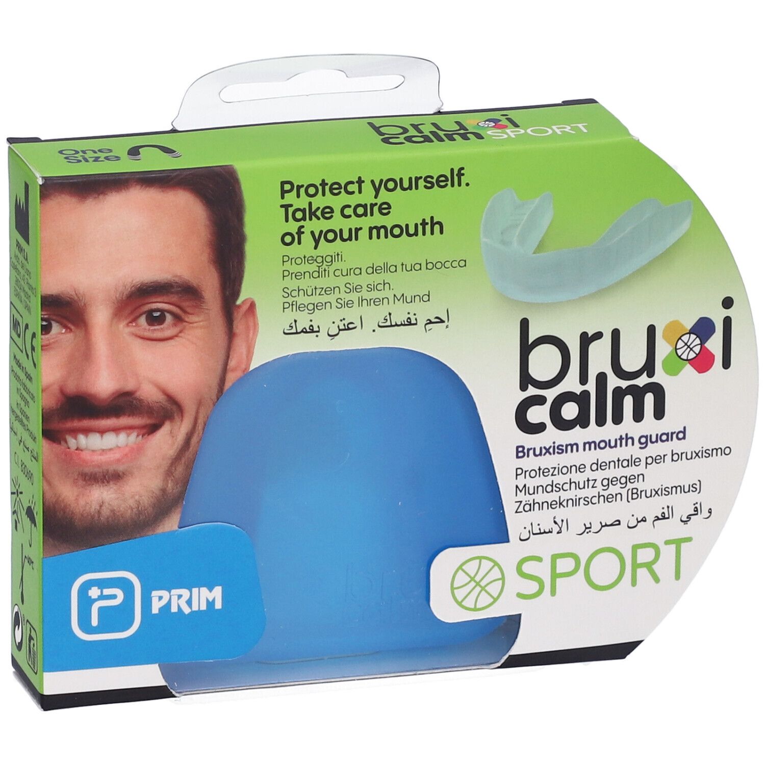 Confezione con paradenti blu e paradenti trasparente. Testo: bruxi calm SPORT, PRIM, Protect yourself. Take care of your mouth.