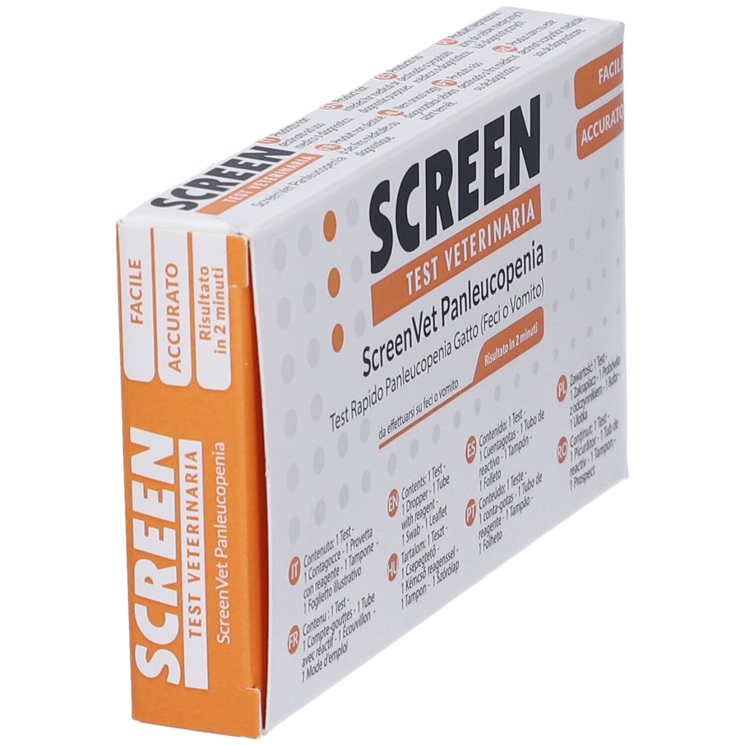 Vista obliqua della confezione del test ScreenVet Panleucopenia. Dettagli arancioni, testo: 'Facile Accurato'.