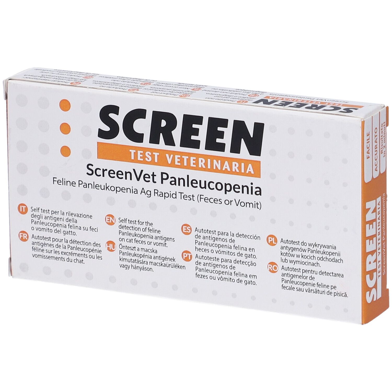 Confezione ScreenVet Panleucopenia Ag Rapid Test (Feci o Vomito). Testo multilingue.