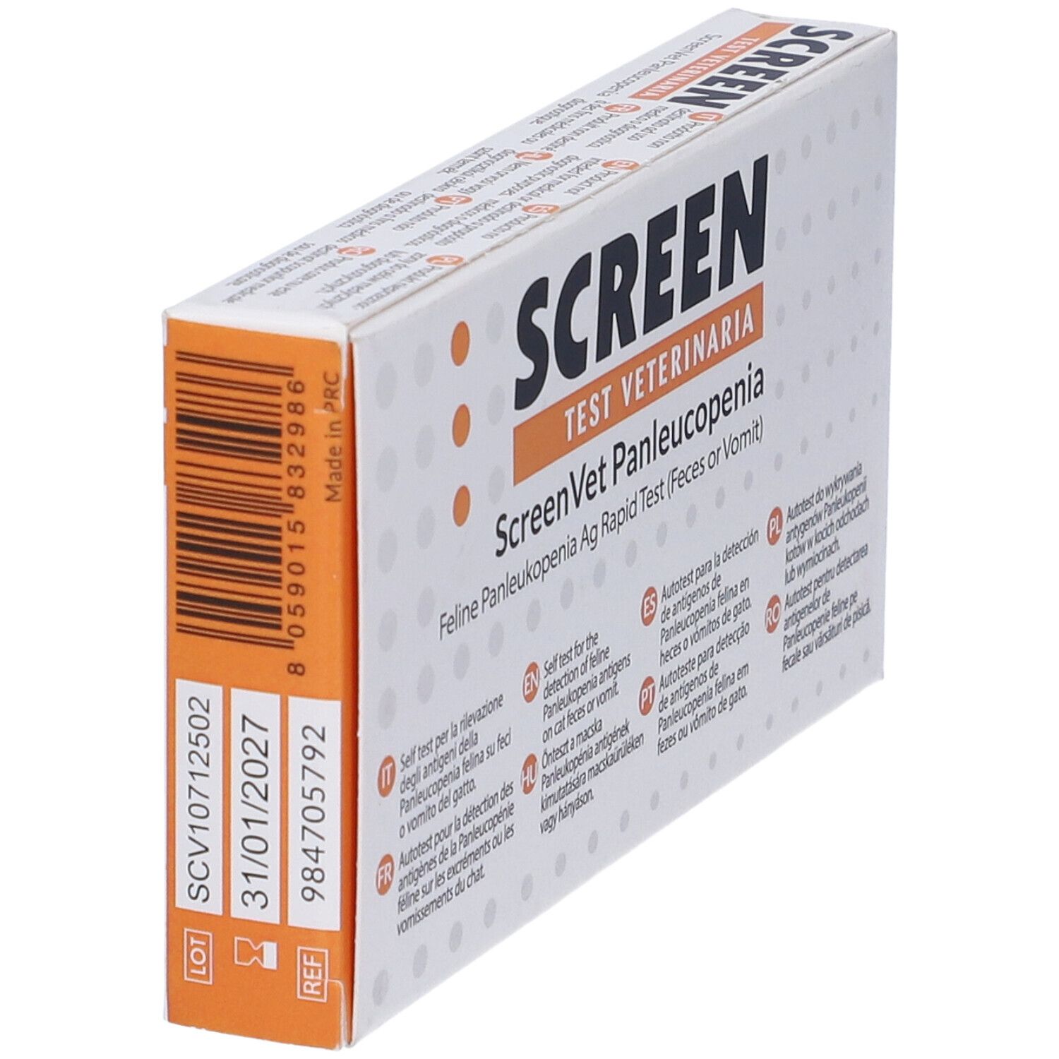 Retro della confezione del test ScreenVet Panleucopenia. Numero di lotto, scadenza e riferimento.