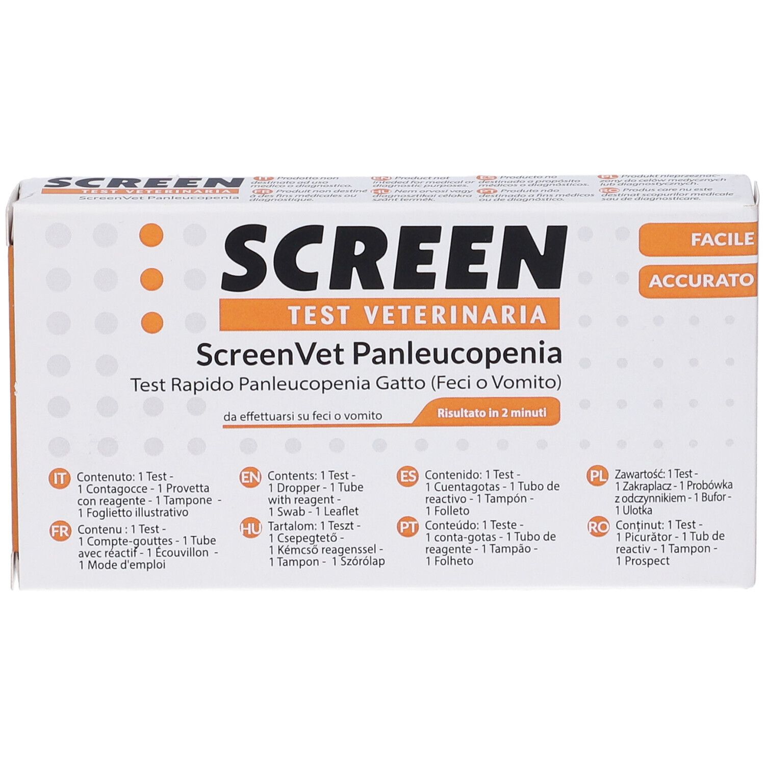 Confezione test ScreenVet Panleucopenia. Contiene test, reagente, tampone, foglietto. Risultati in 2 minuti.