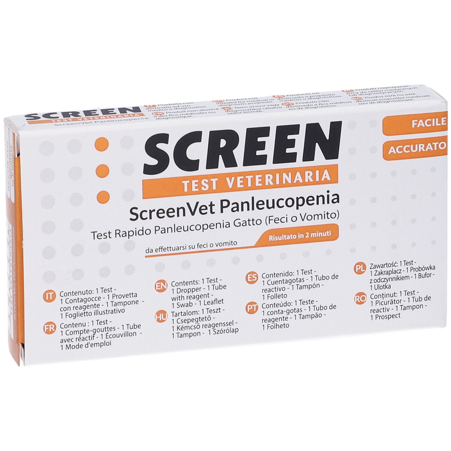 Confezione test ScreenVet Panleucopenia. Contiene test, reagente, tampone, foglietto. Risultati in 2 minuti.