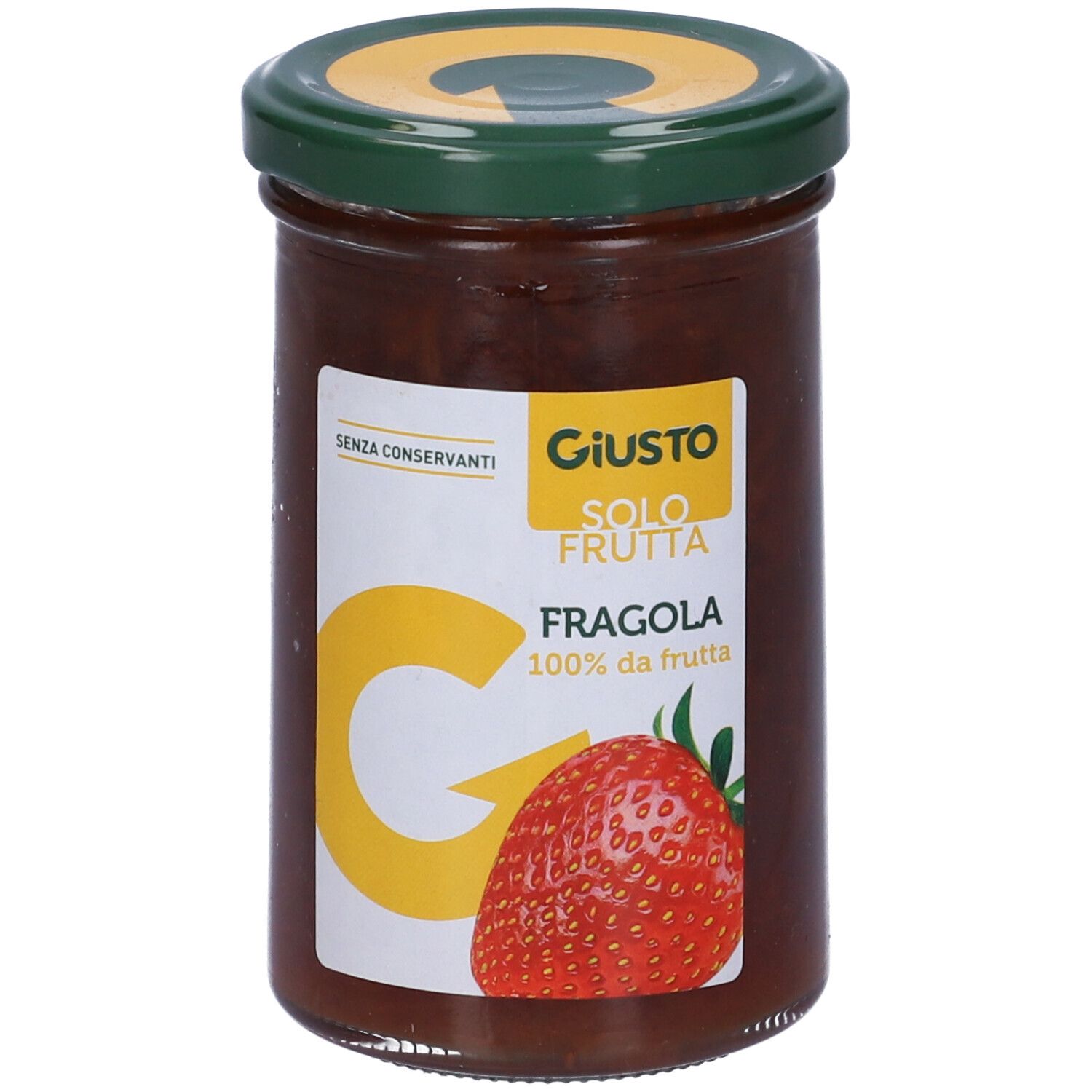 Vasetto di marmellata Giusto Fragola. Etichetta con logo, fragola e testo. Coperchio verde.