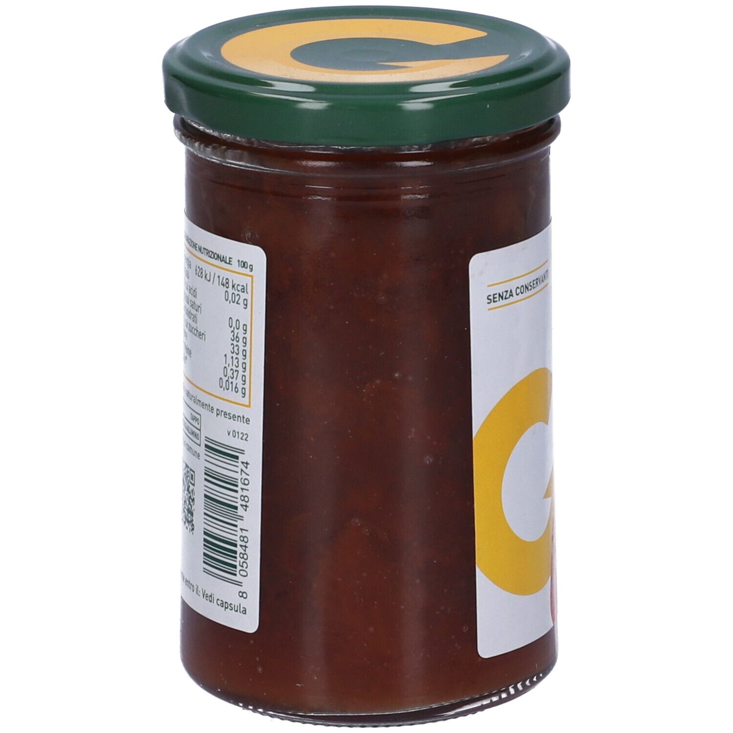 Vasetto di marmellata Giusto Fragola. Retro con informazioni nutrizionali e ingredienti. Coperchio verde.