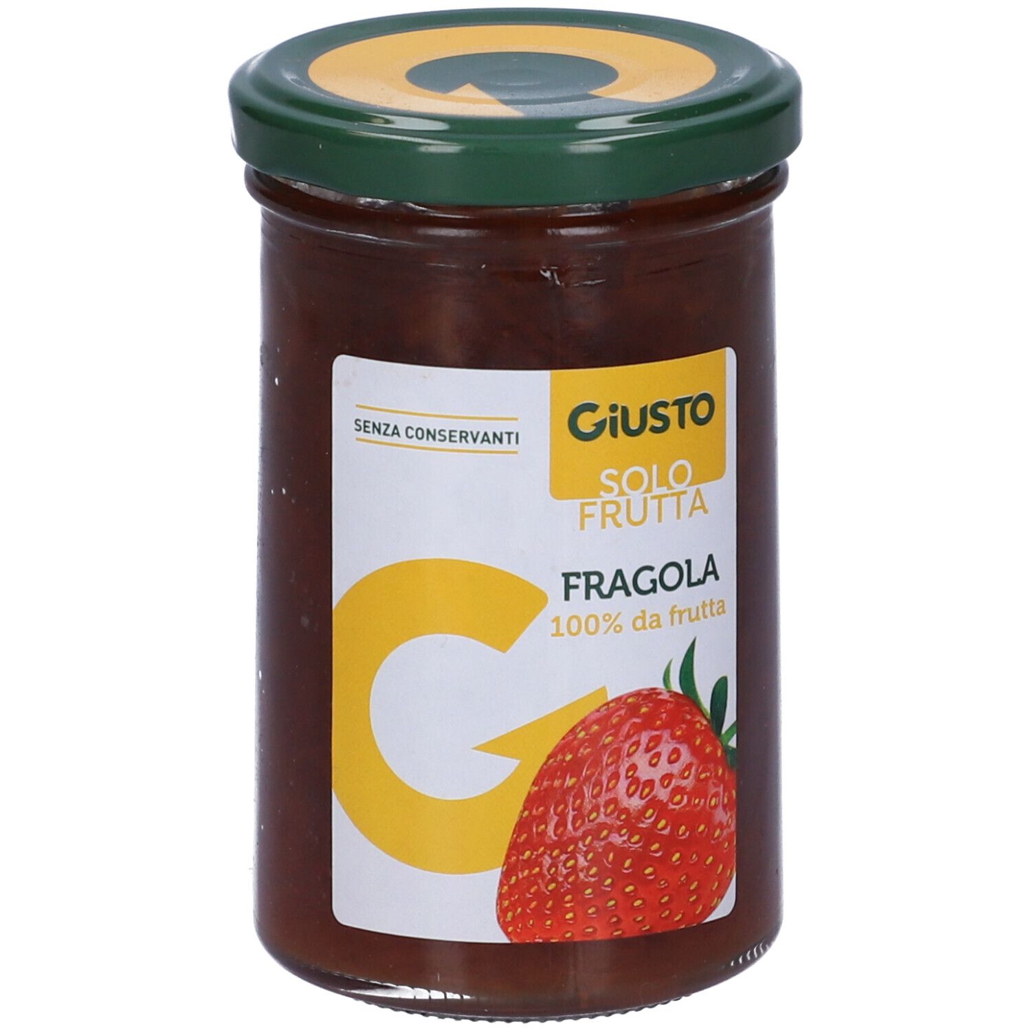 Vasetto di marmellata Giusto Fragola. Etichetta con logo, fragola e testo. Coperchio verde.