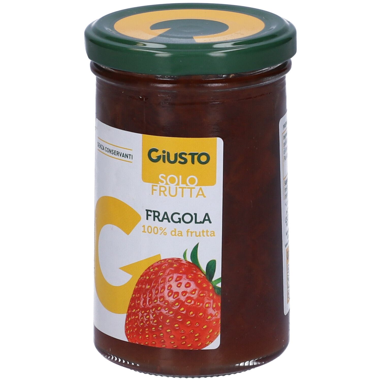 Vasetto di marmellata Giusto Fragola. Etichetta con logo, fragola e testo. Coperchio verde.